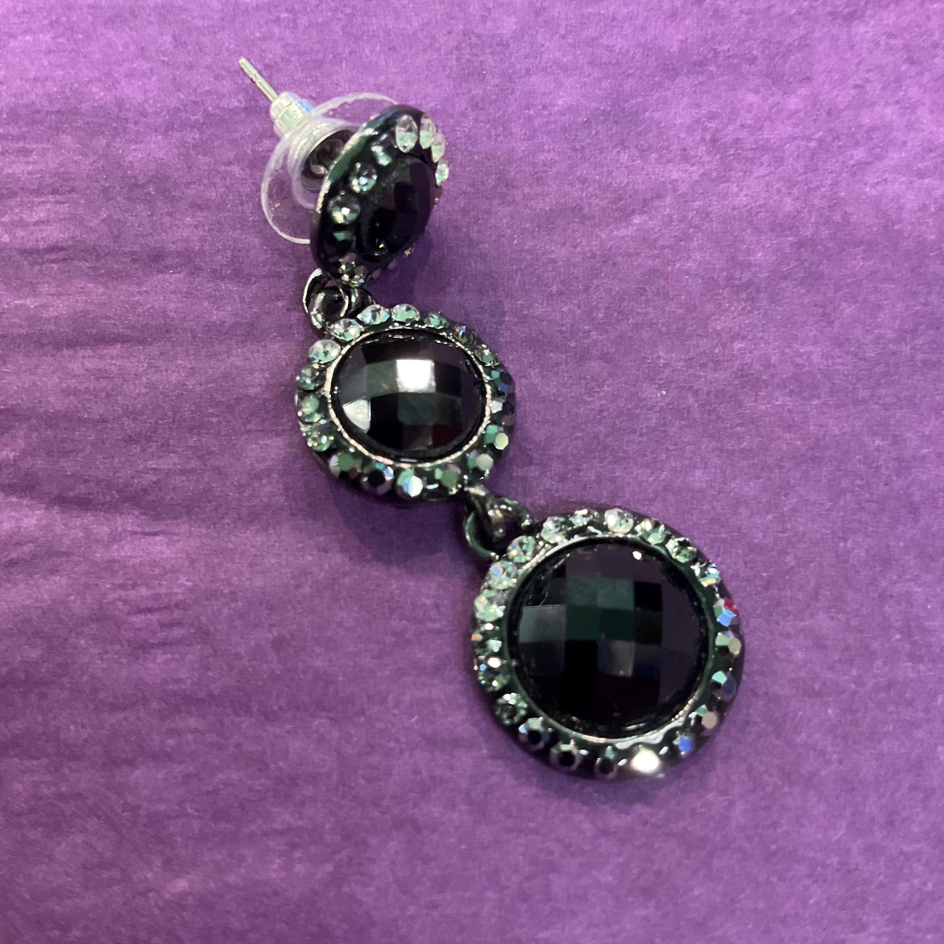 Vintage Butler and Wilson Monotone Crystal Drop Earrings, Dark Pewter tone with black chequerboard cut crystals and silver rhinestones
