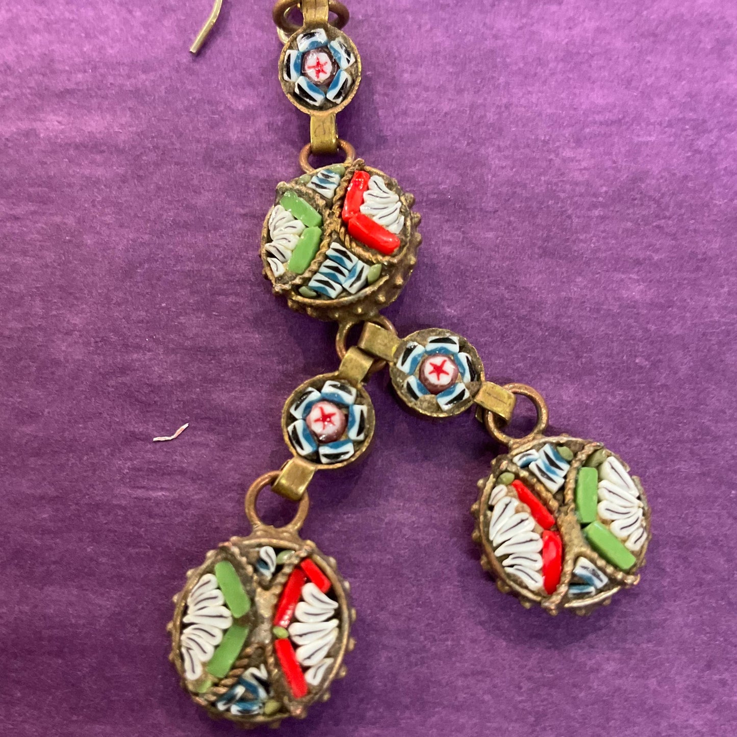 Vintage Italian Micro Mosaic long Drop Earrings, gold tone (brass) and multicoloured glass mosaic