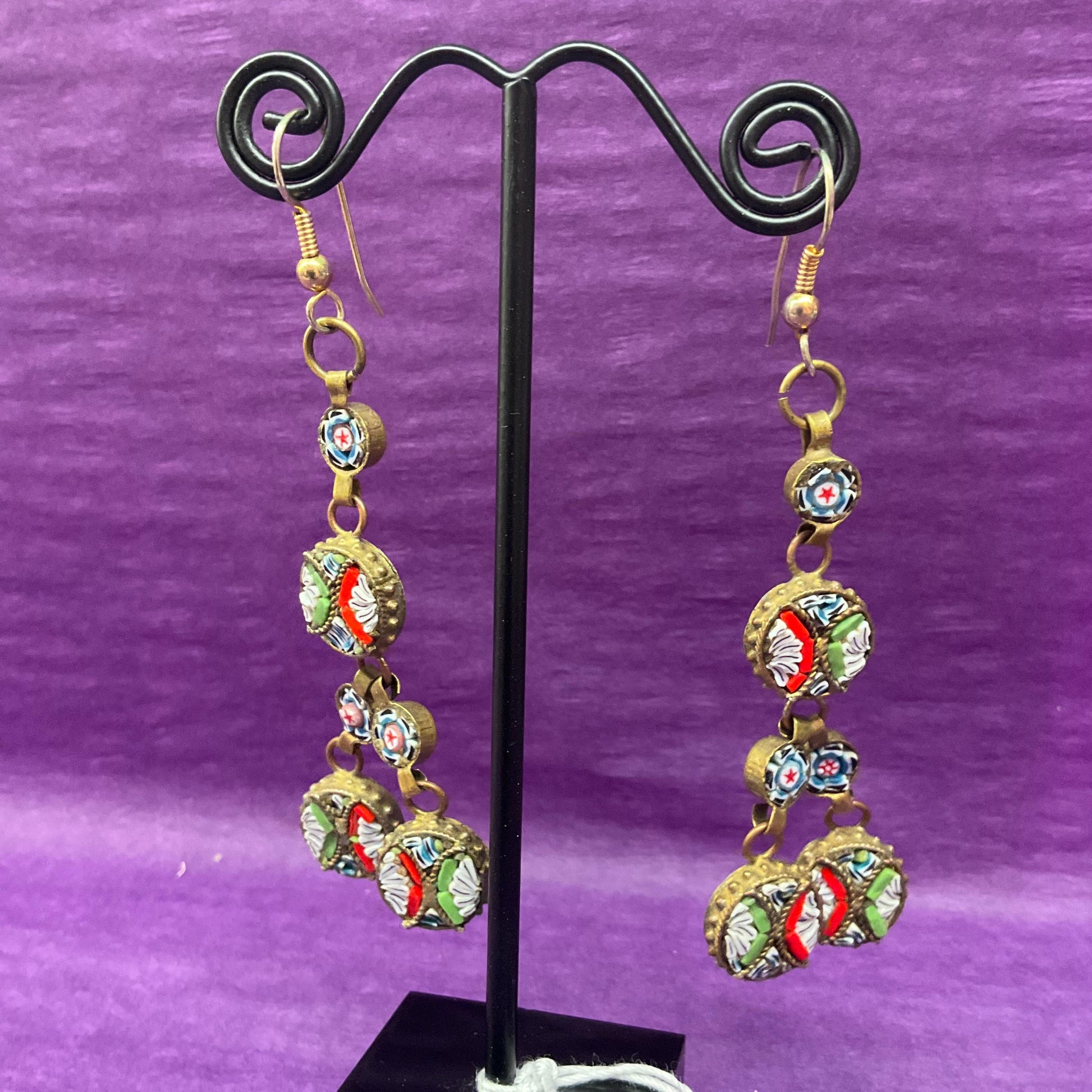 Vintage Italian Micro Mosaic long Drop Earrings, gold tone (brass) and multicoloured glass mosaic