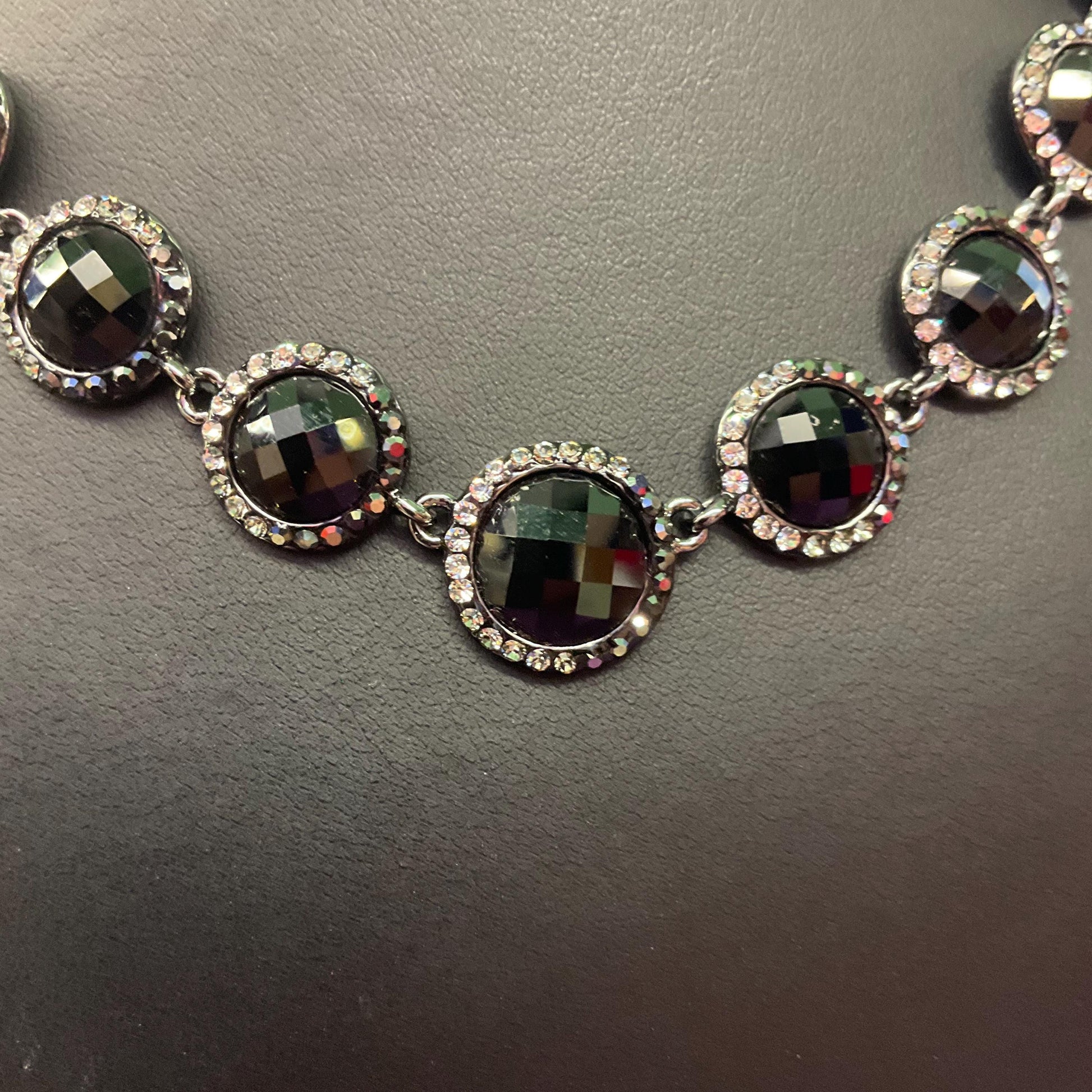 Vintage Butler and Wilson Monotone Crystal Necklace, Dark pewter tone with black chequerboard cut crystals and ombré rhinestones