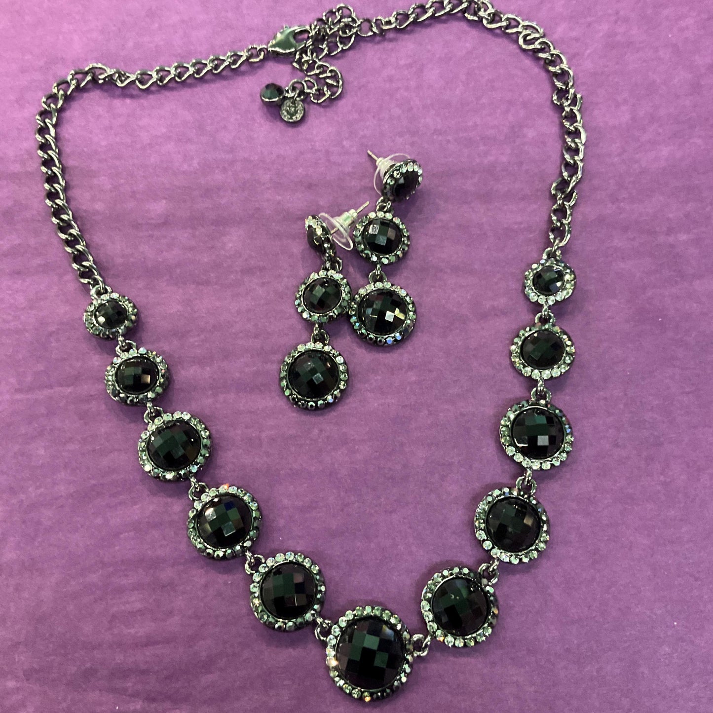 Vintage Butler and Wilson Monotone Crystal Necklace, Dark pewter tone with black chequerboard cut crystals and ombré rhinestones