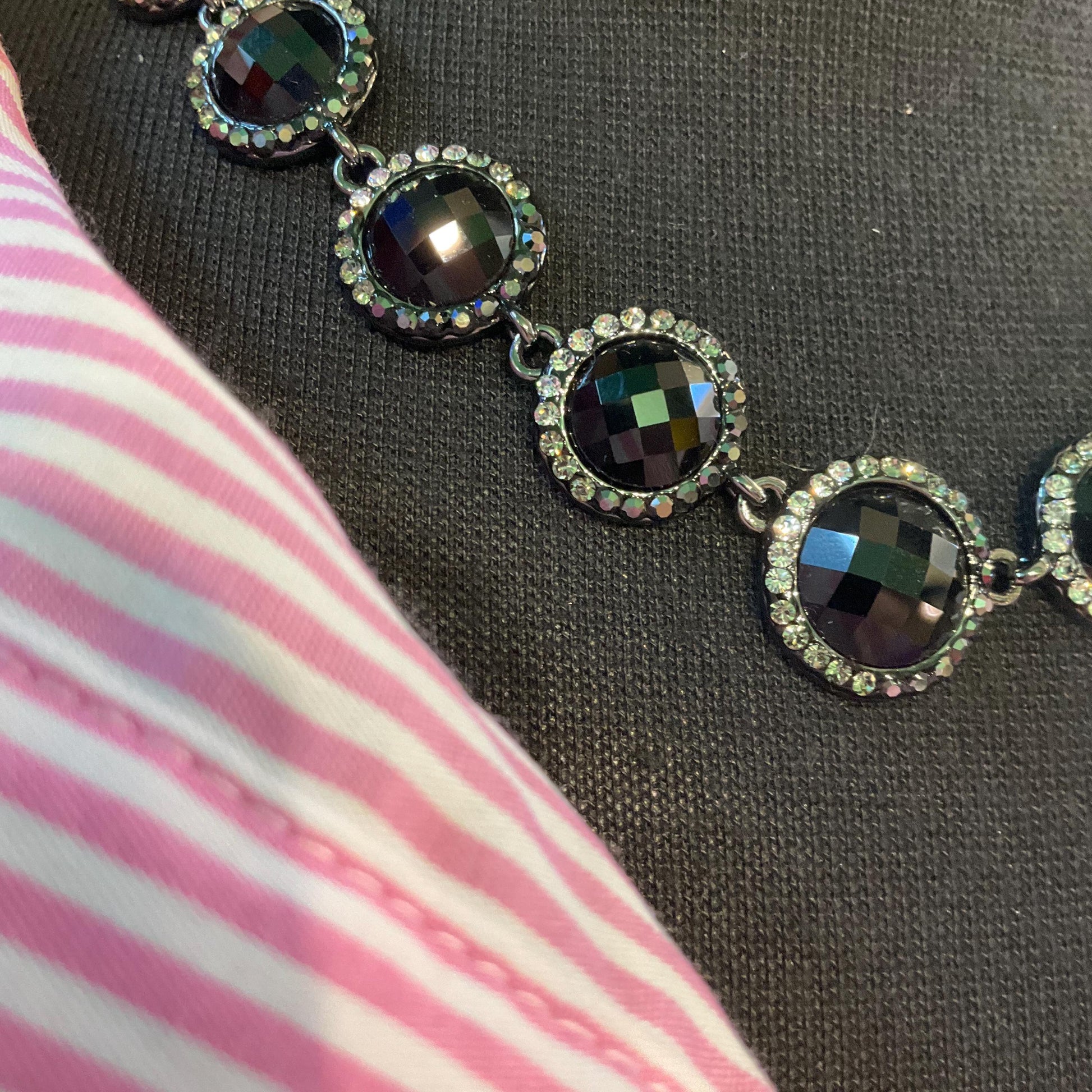 Vintage Butler and Wilson Monotone Crystal Necklace, Dark pewter tone with black chequerboard cut crystals and ombré rhinestones