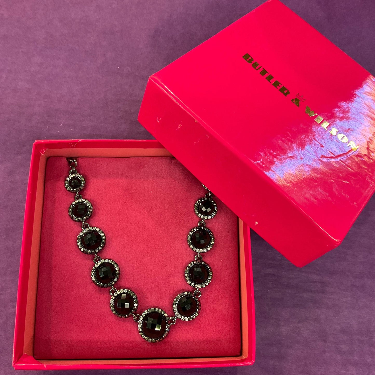 Vintage Butler and Wilson Monotone Crystal Necklace, Dark pewter tone with black chequerboard cut crystals and ombré rhinestones