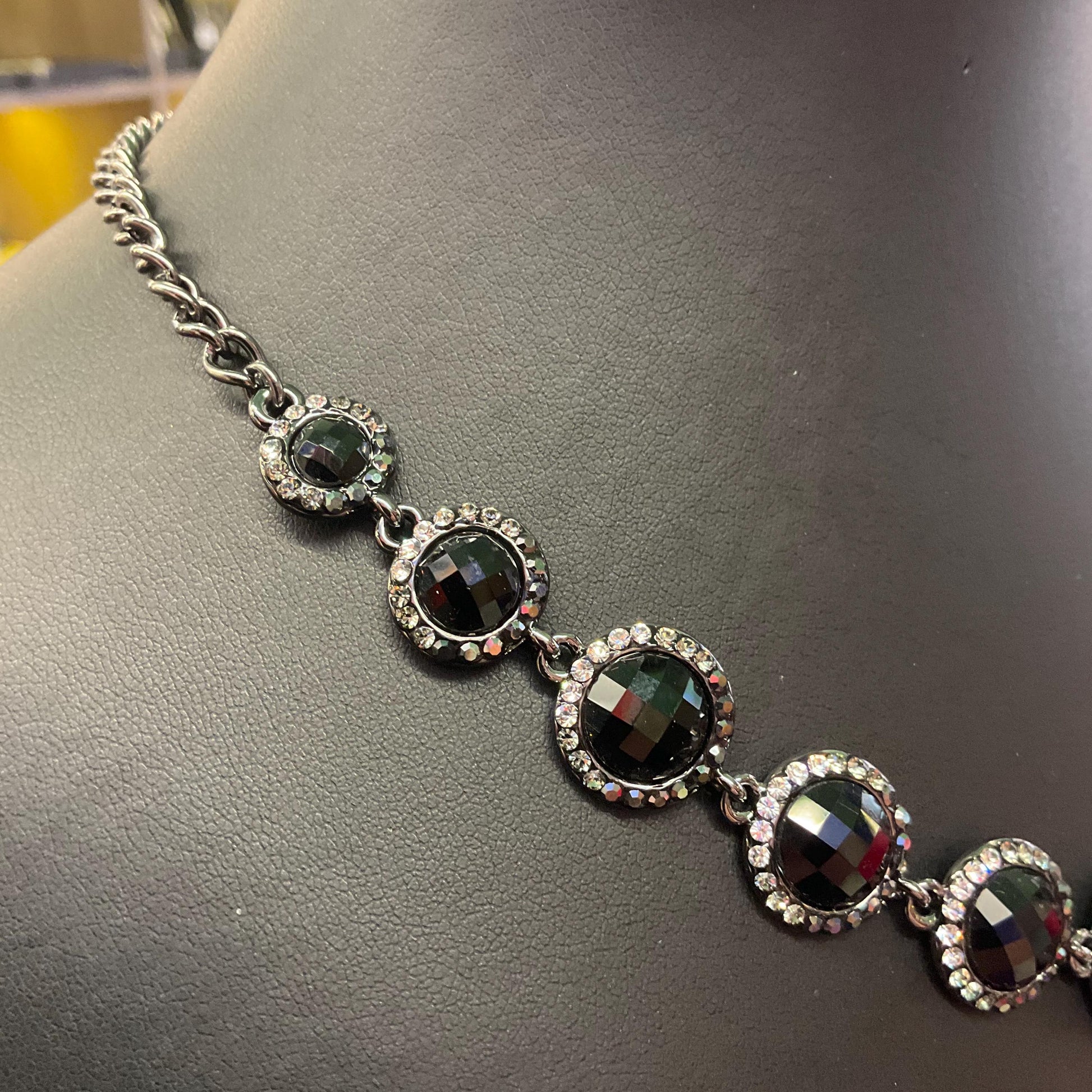 Vintage Butler and Wilson Monotone Crystal Necklace, Dark pewter tone with black chequerboard cut crystals and ombré rhinestones