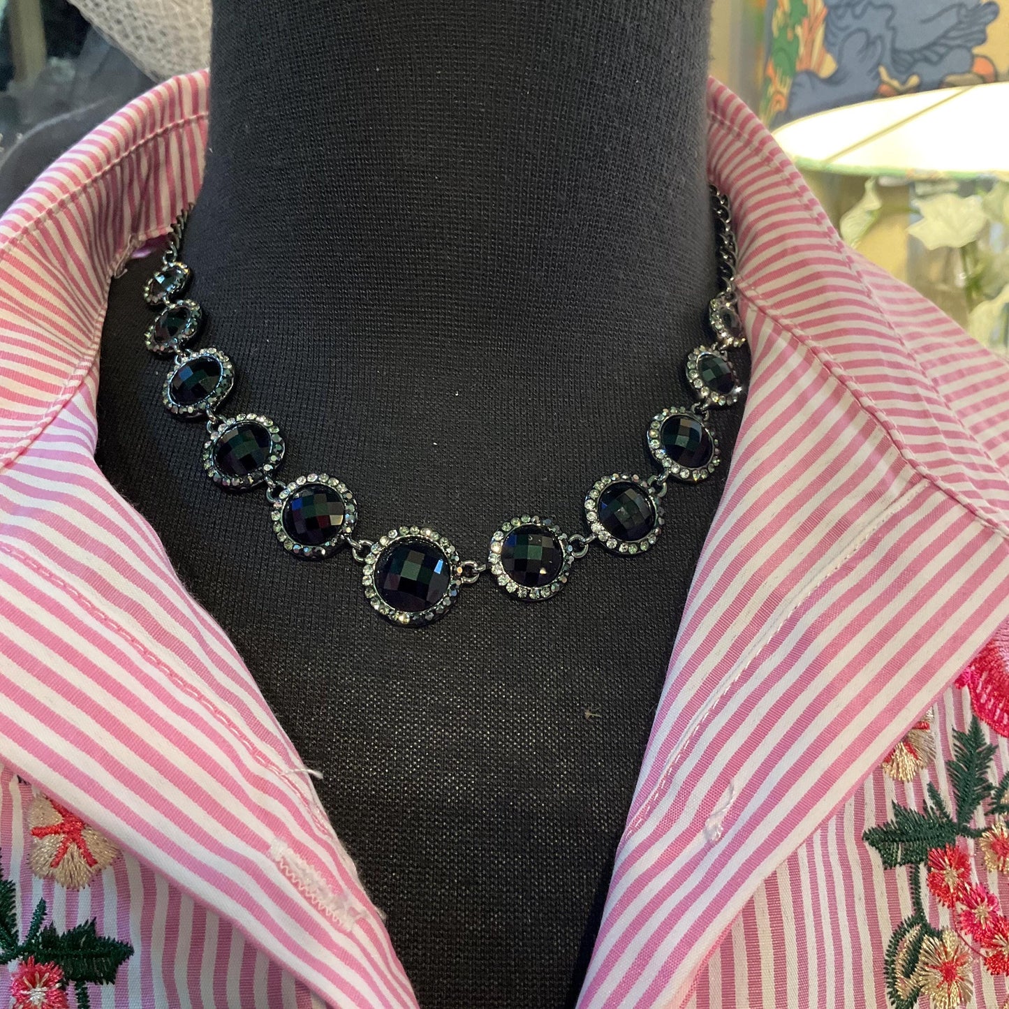 Vintage Butler and Wilson Monotone Crystal Necklace, Dark pewter tone with black chequerboard cut crystals and ombré rhinestones