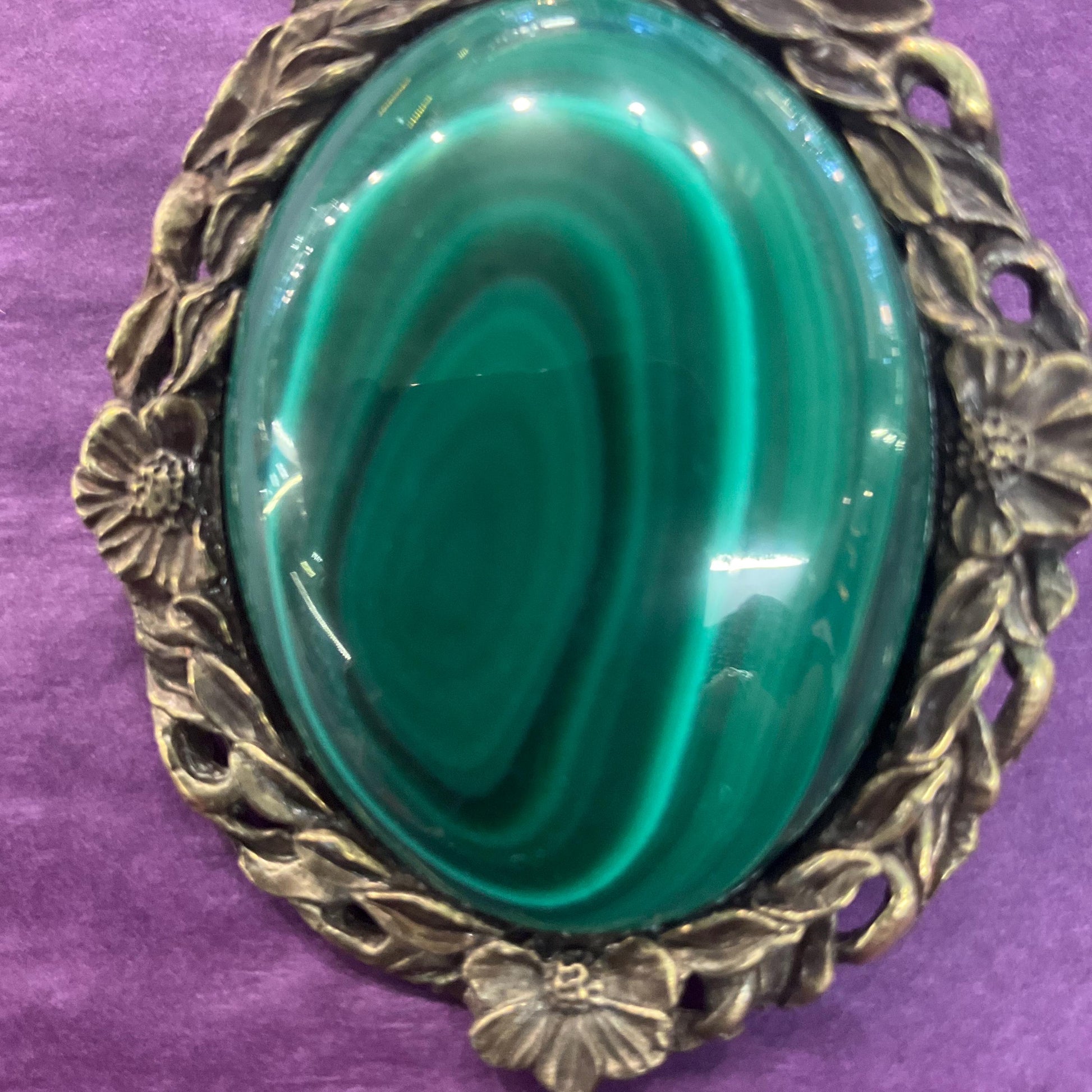 Vintage Large Malachite Gemstone Oval Brooch, Floral brass setting , as new in gift box