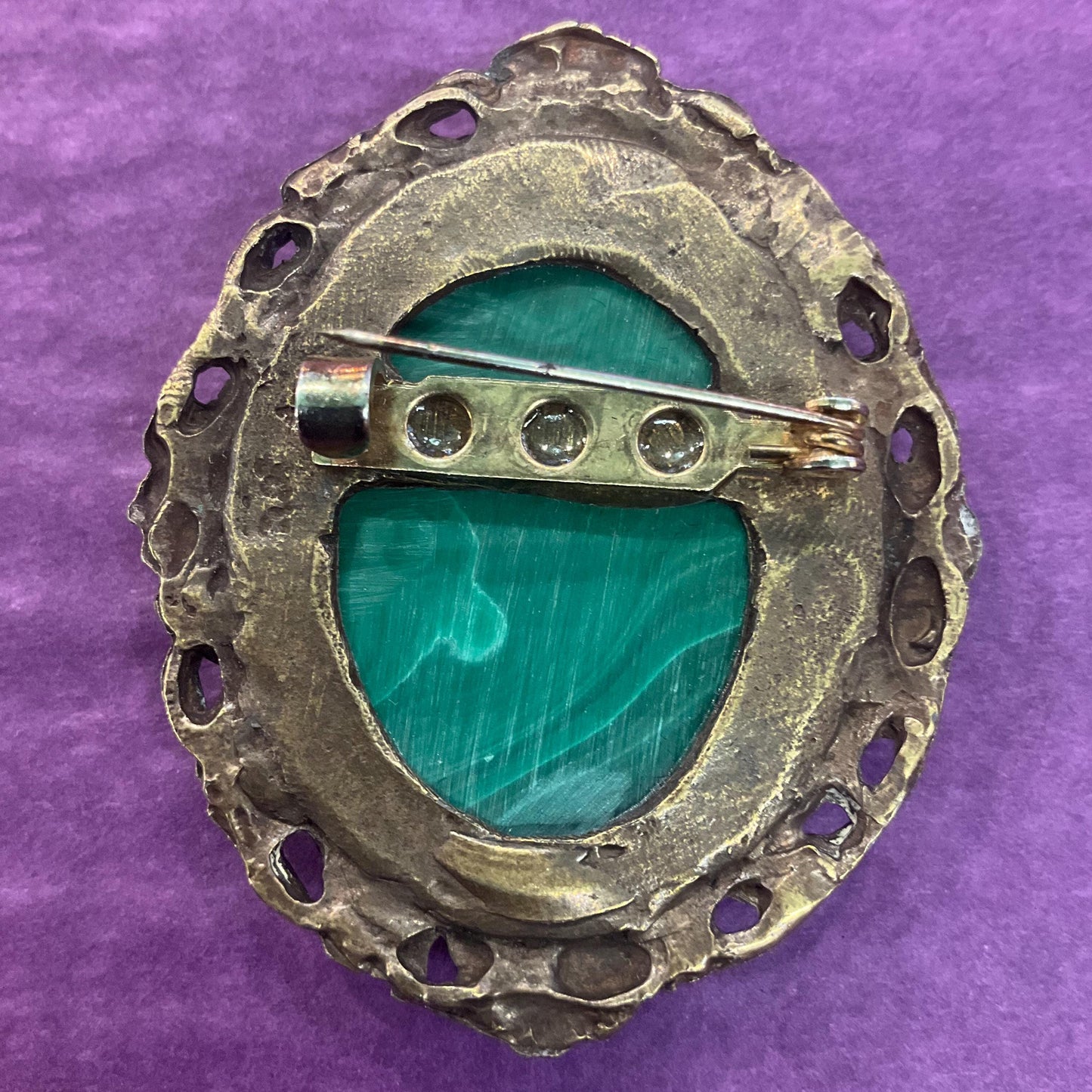 Vintage Large Malachite Gemstone Oval Brooch, Floral brass setting , as new in gift box
