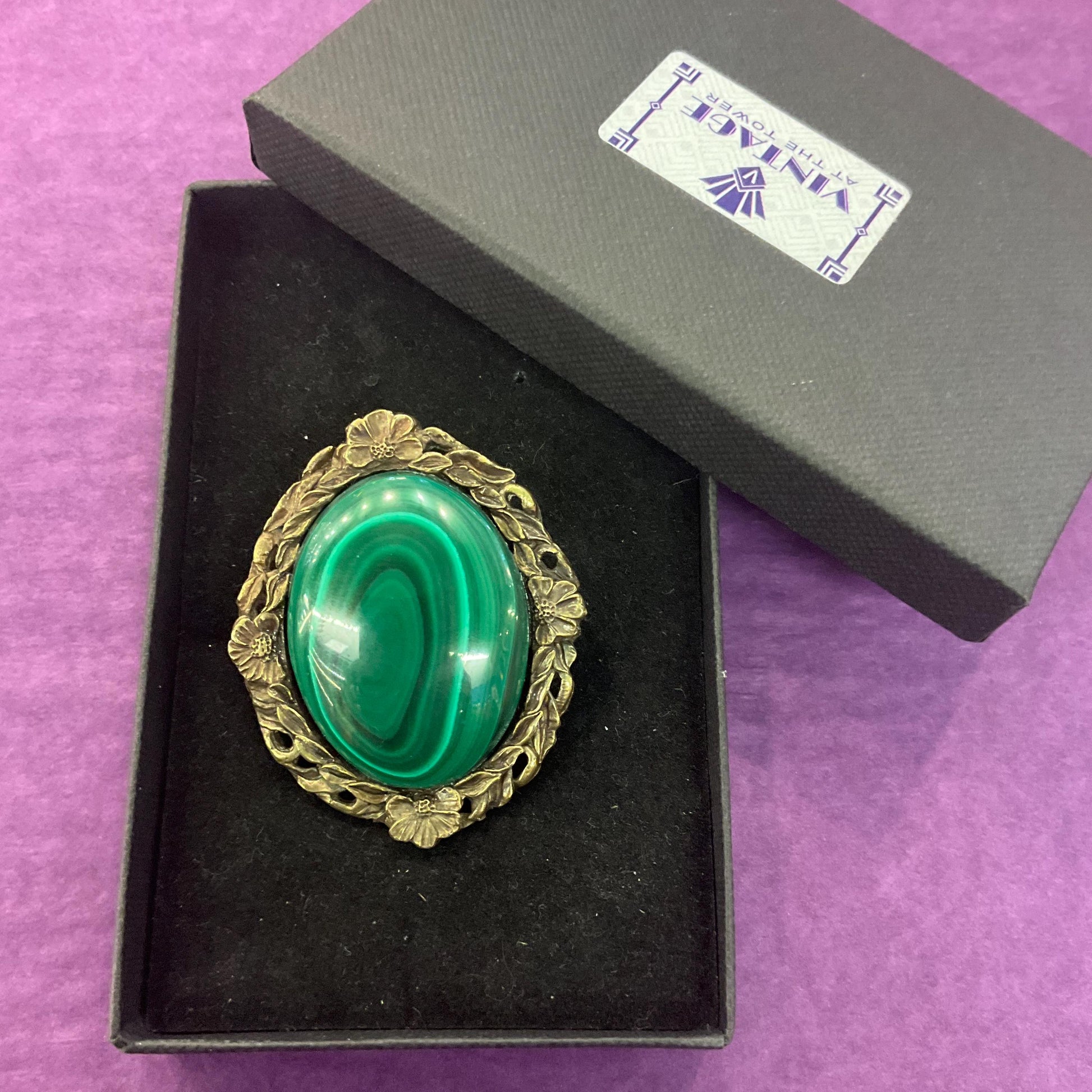 Vintage Large Malachite Gemstone Oval Brooch, Floral brass setting , as new in gift box