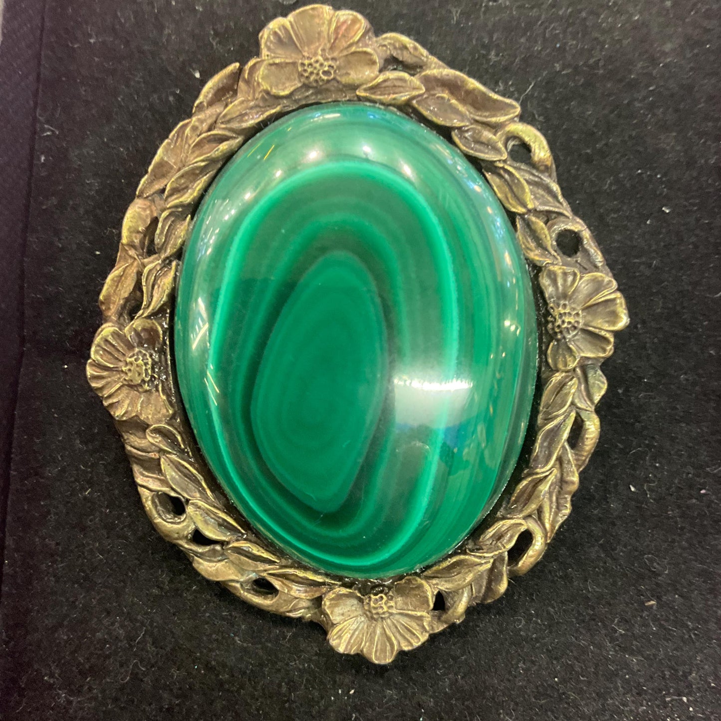 Vintage Large Malachite Gemstone Oval Brooch, Floral brass setting , as new in gift box