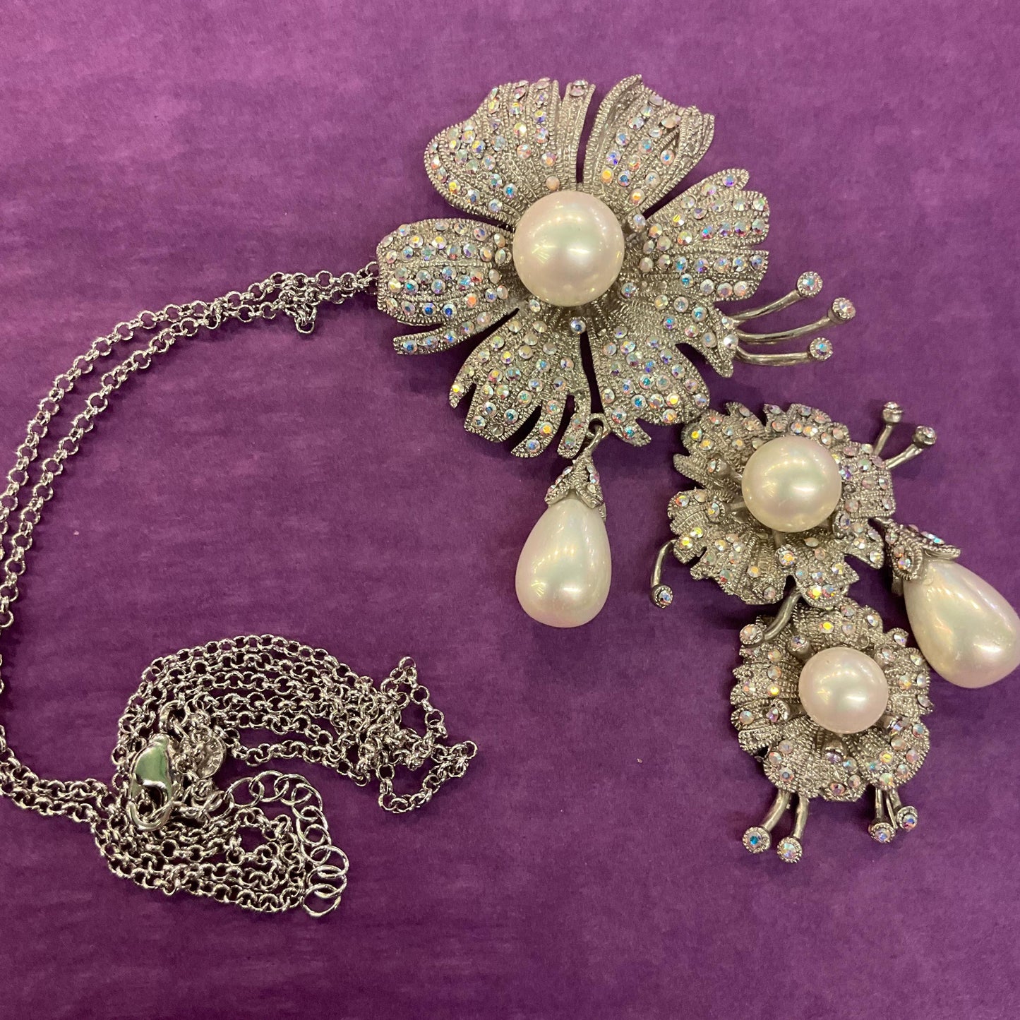 Vintage Statement Crystal Floral Brooch or Pendant, Pewter tone with Aurora Borealis rhinestones and faux pearls
