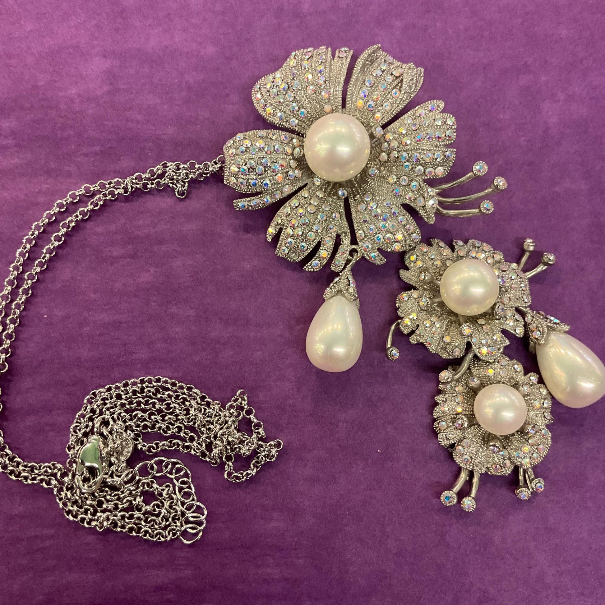 Vintage Statement Crystal Floral Brooch or Pendant, Pewter tone with Aurora Borealis rhinestones and faux pearls