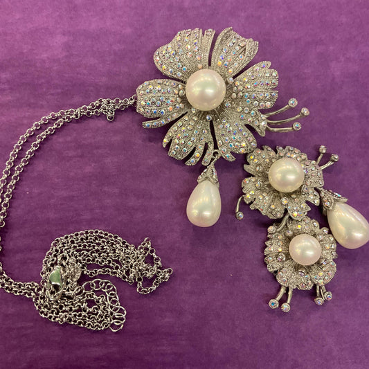 Vintage Statement Crystal Floral Brooch or Pendant, Pewter tone with Aurora Borealis rhinestones and faux pearls