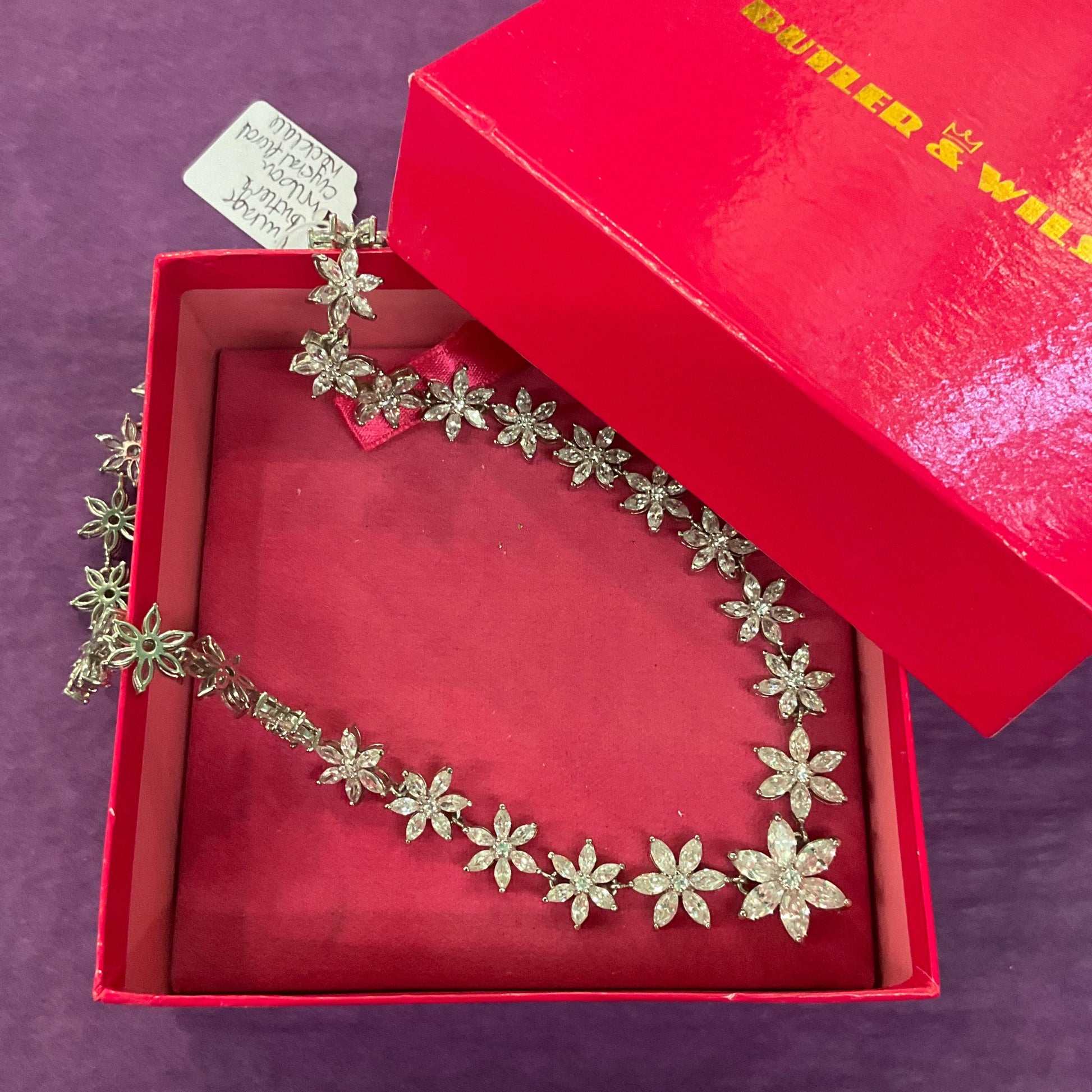 Vintage Butler and Wilson Crystal Flower Necklace, Silver tone with marquise cut crystals and rhinestones