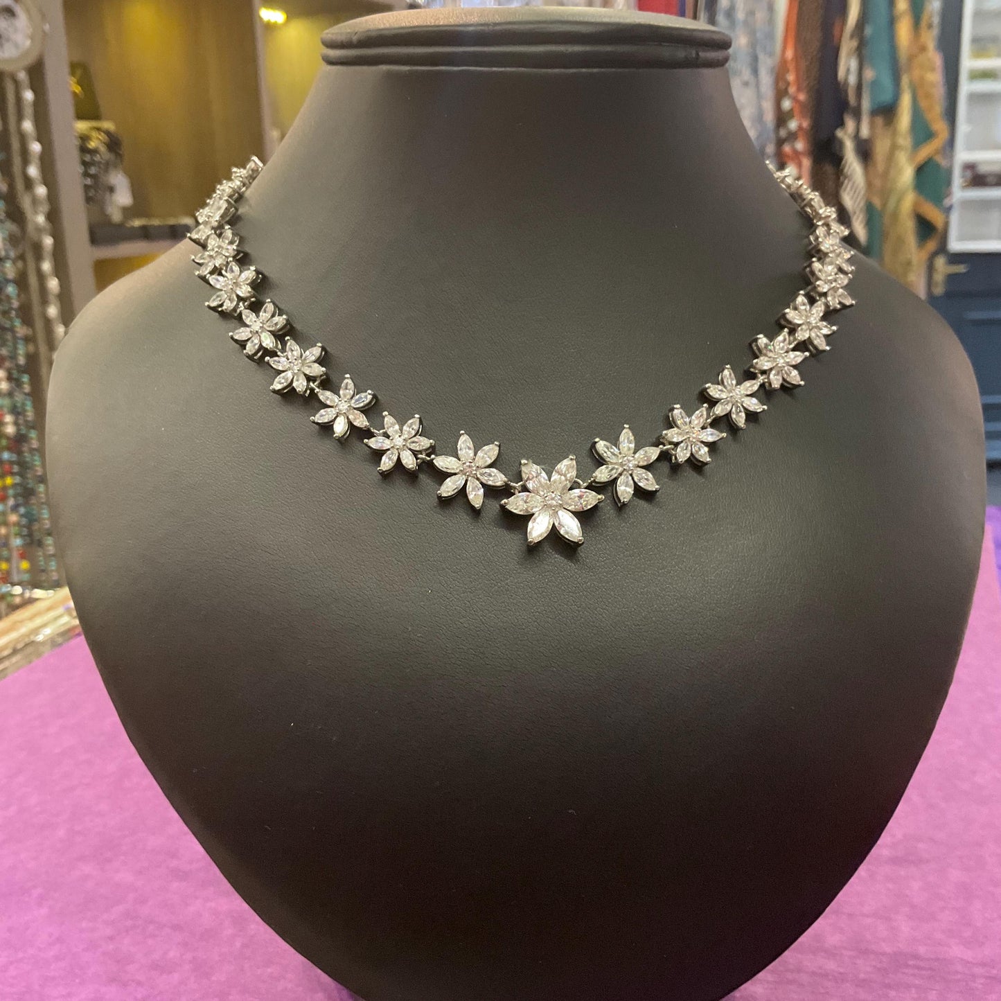 Vintage Butler and Wilson Crystal Flower Necklace, Silver tone with marquise cut crystals and rhinestones