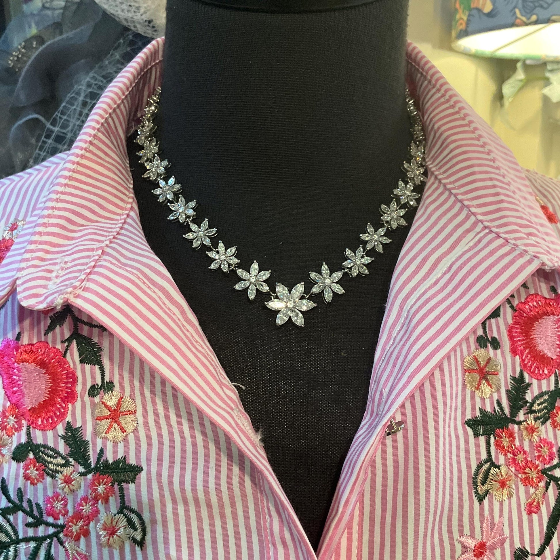 Vintage Butler and Wilson Crystal Flower Necklace, Silver tone with marquise cut crystals and rhinestones