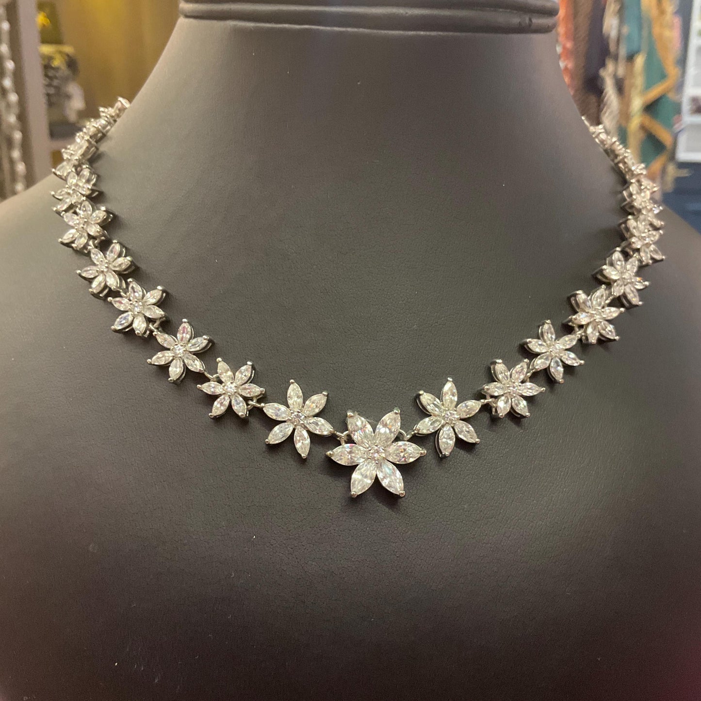 Vintage Butler and Wilson Crystal Flower Necklace, Silver tone with marquise cut crystals and rhinestones