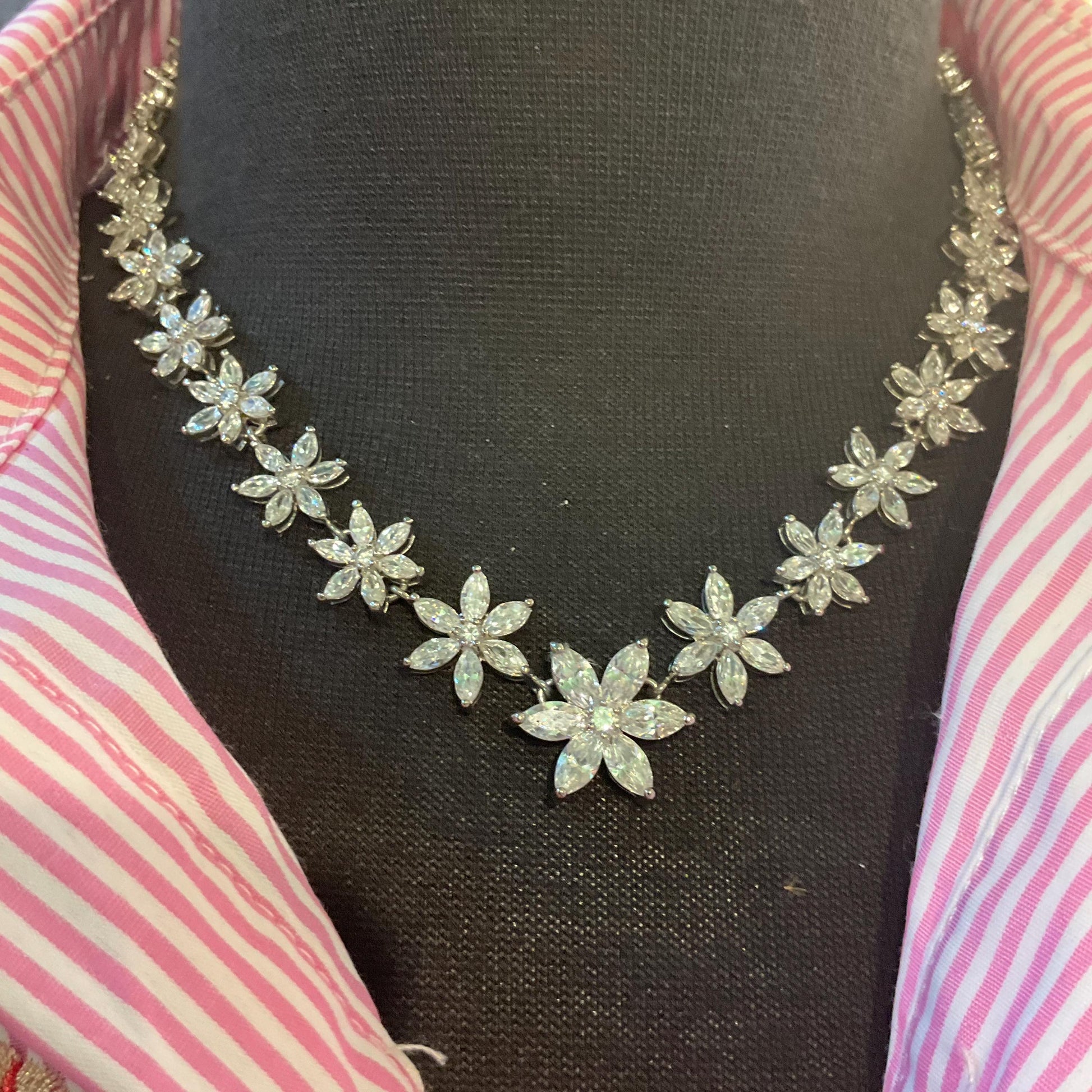Vintage Butler and Wilson Crystal Flower Necklace, Silver tone with marquise cut crystals and rhinestones