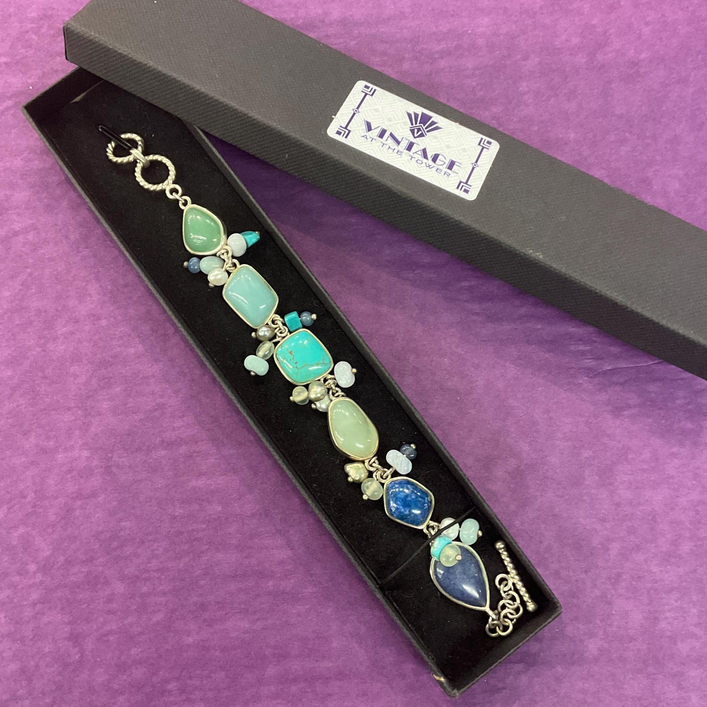 Vintage Silver (925) and Gemstone T Bar bracelet, Turquoise, Jade, Lapis Lazuli and Fresh Water Pearls