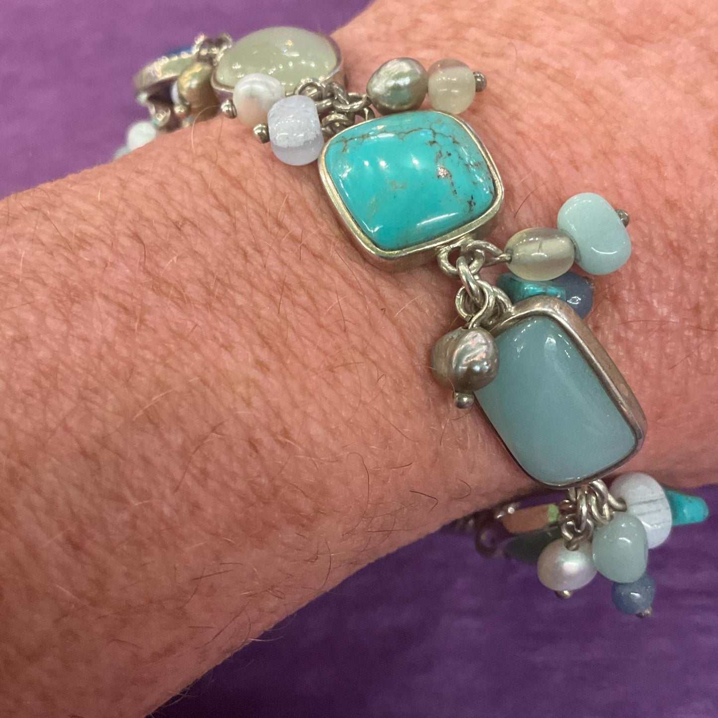 Vintage Silver (925) and Gemstone T Bar bracelet, Turquoise, Jade, Lapis Lazuli and Fresh Water Pearls