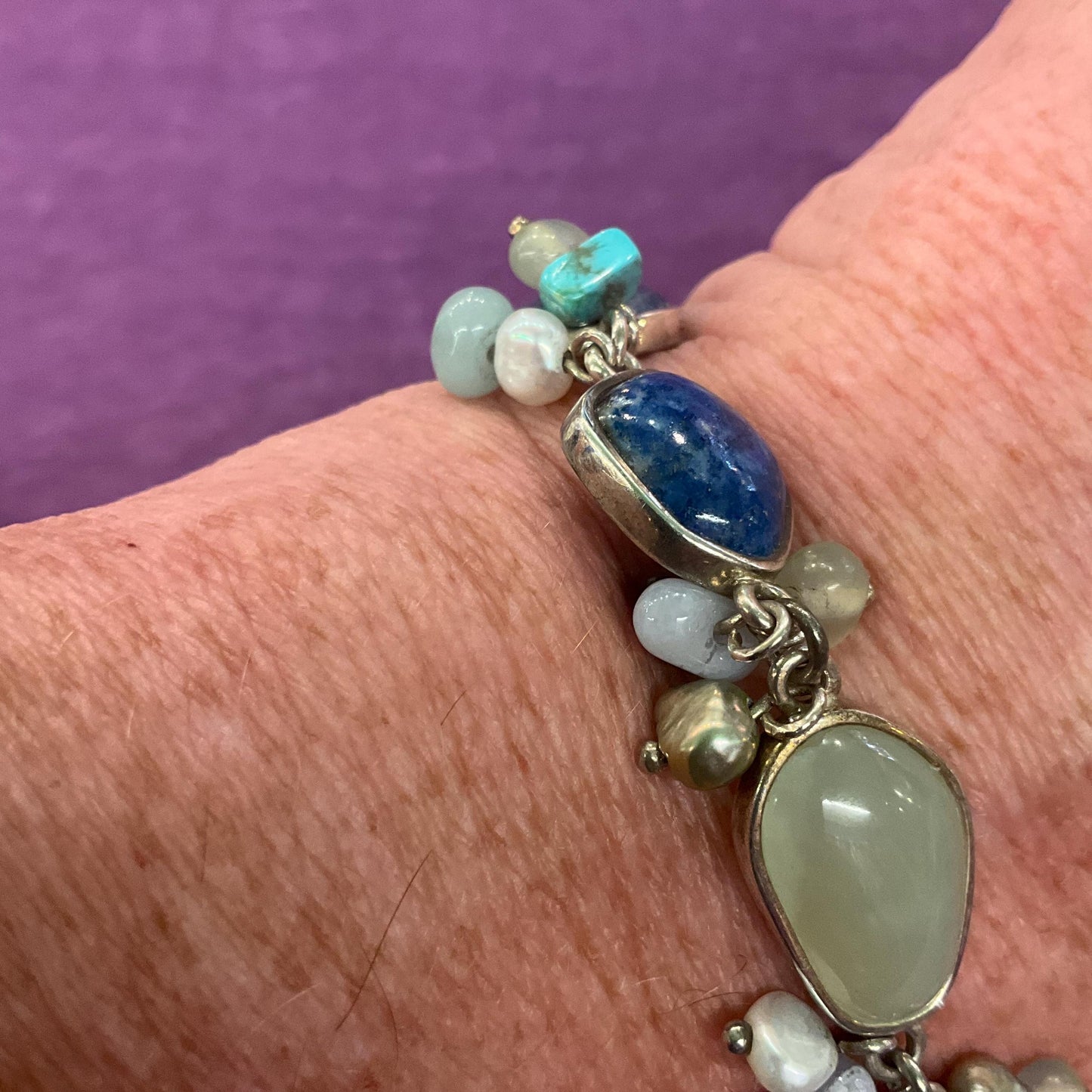 Vintage Silver (925) and Gemstone T Bar bracelet, Turquoise, Jade, Lapis Lazuli and Fresh Water Pearls