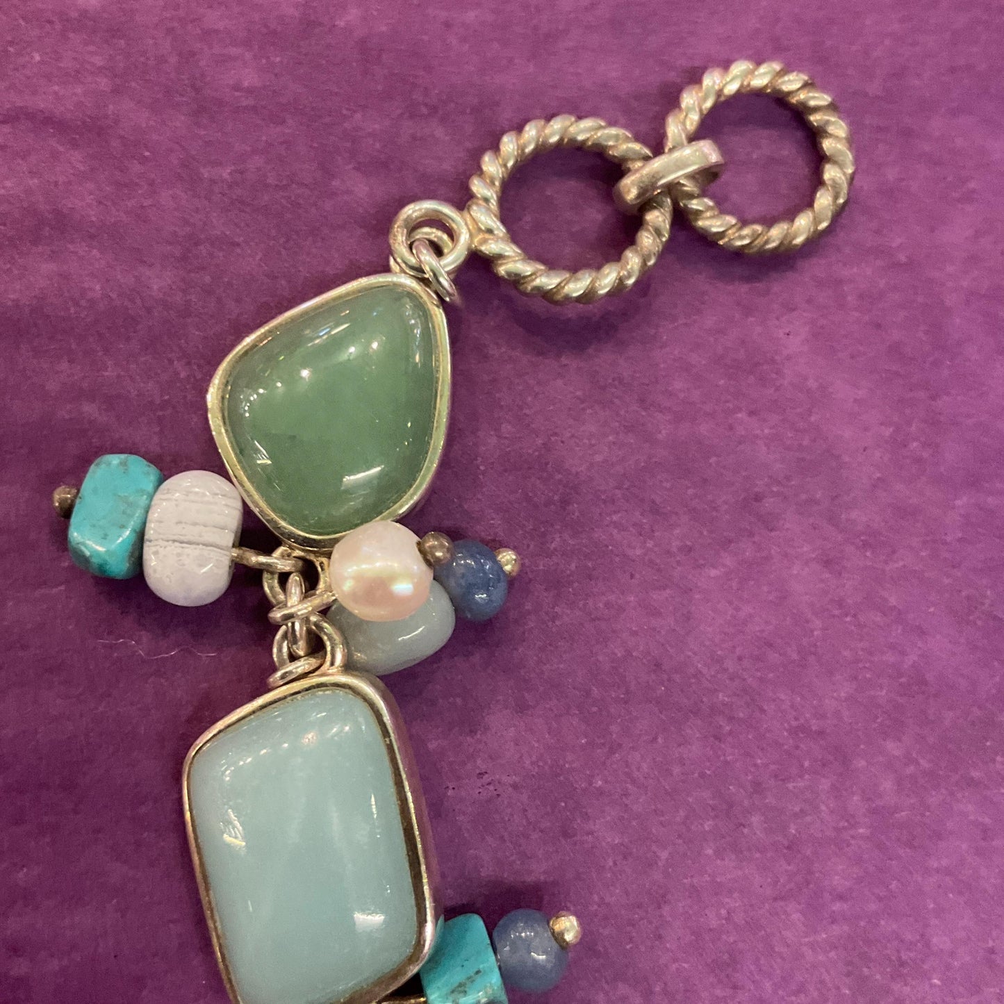 Vintage Silver (925) and Gemstone T Bar bracelet, Turquoise, Jade, Lapis Lazuli and Fresh Water Pearls