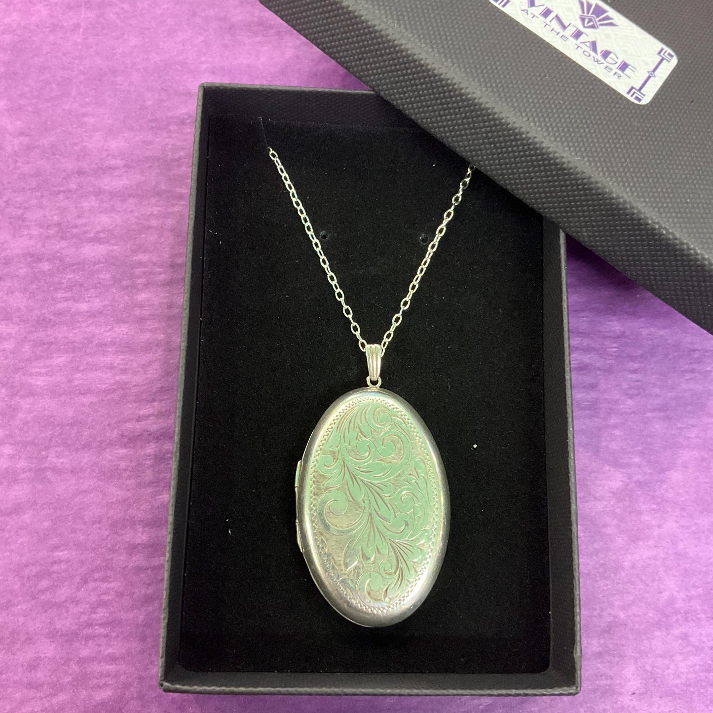 Vintage Sterling Silver Large Oval Locket, Foliate engraving with a long 925 fine silver chain, sustainable gift
