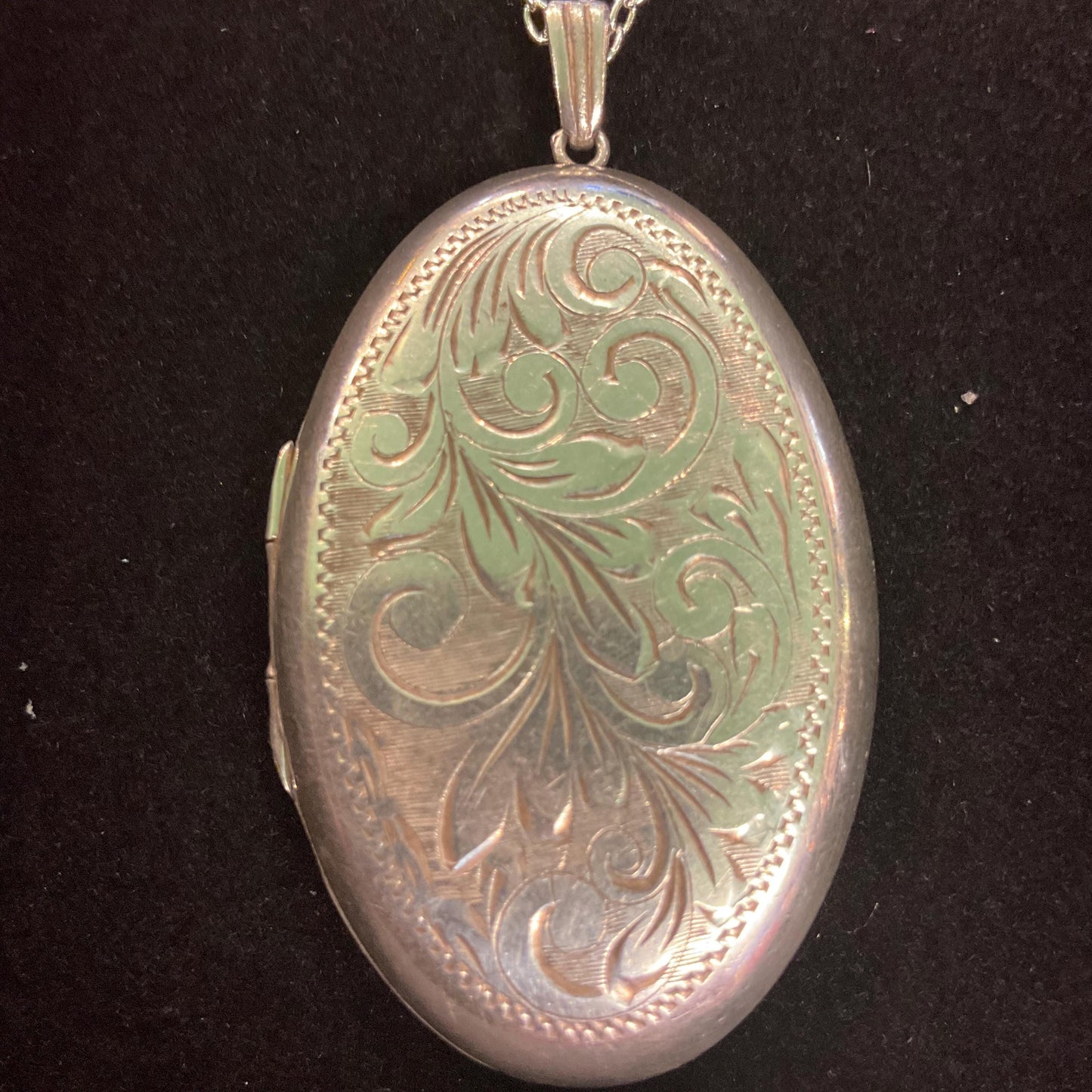 Vintage Sterling Silver Large Oval Locket, Foliate engraving with a long 925 fine silver chain, sustainable gift