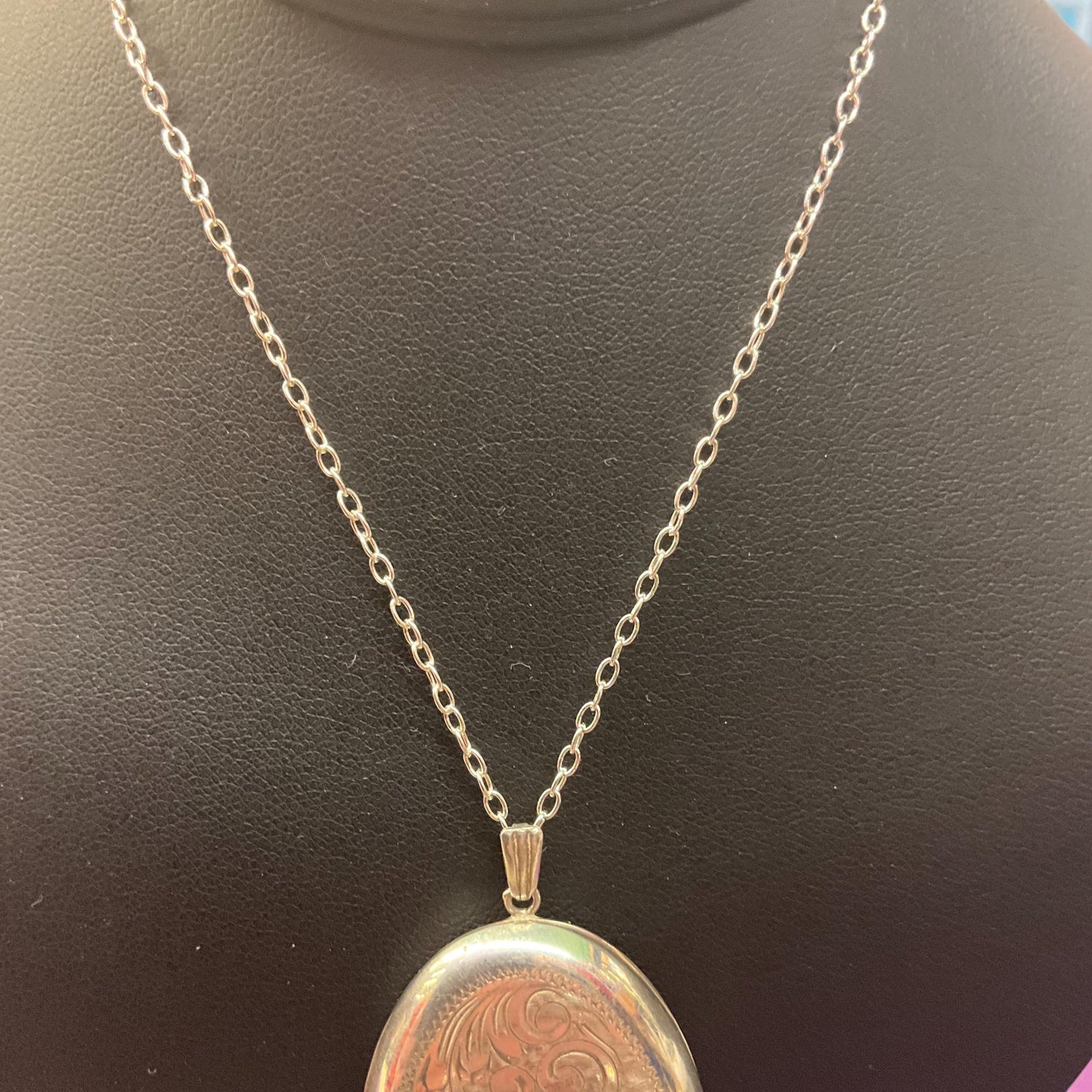 Vintage Sterling Silver Large Oval Locket, Foliate engraving with a long 925 fine silver chain, sustainable gift
