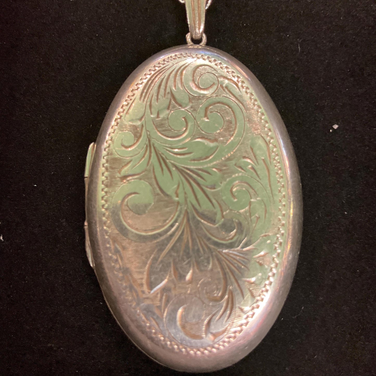 Vintage Sterling Silver Large Oval Locket, Foliate engraving with a long 925 fine silver chain, sustainable gift