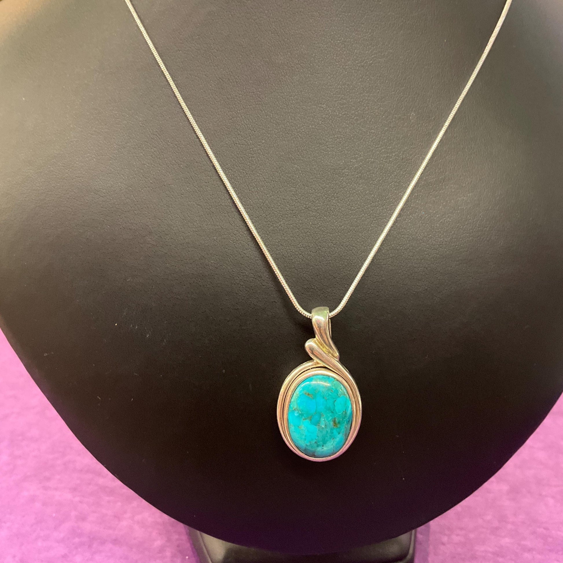 Vintage Silver (925) and Turquoise Large Oval pendant onto new 925 silver snake chain, gift boxed