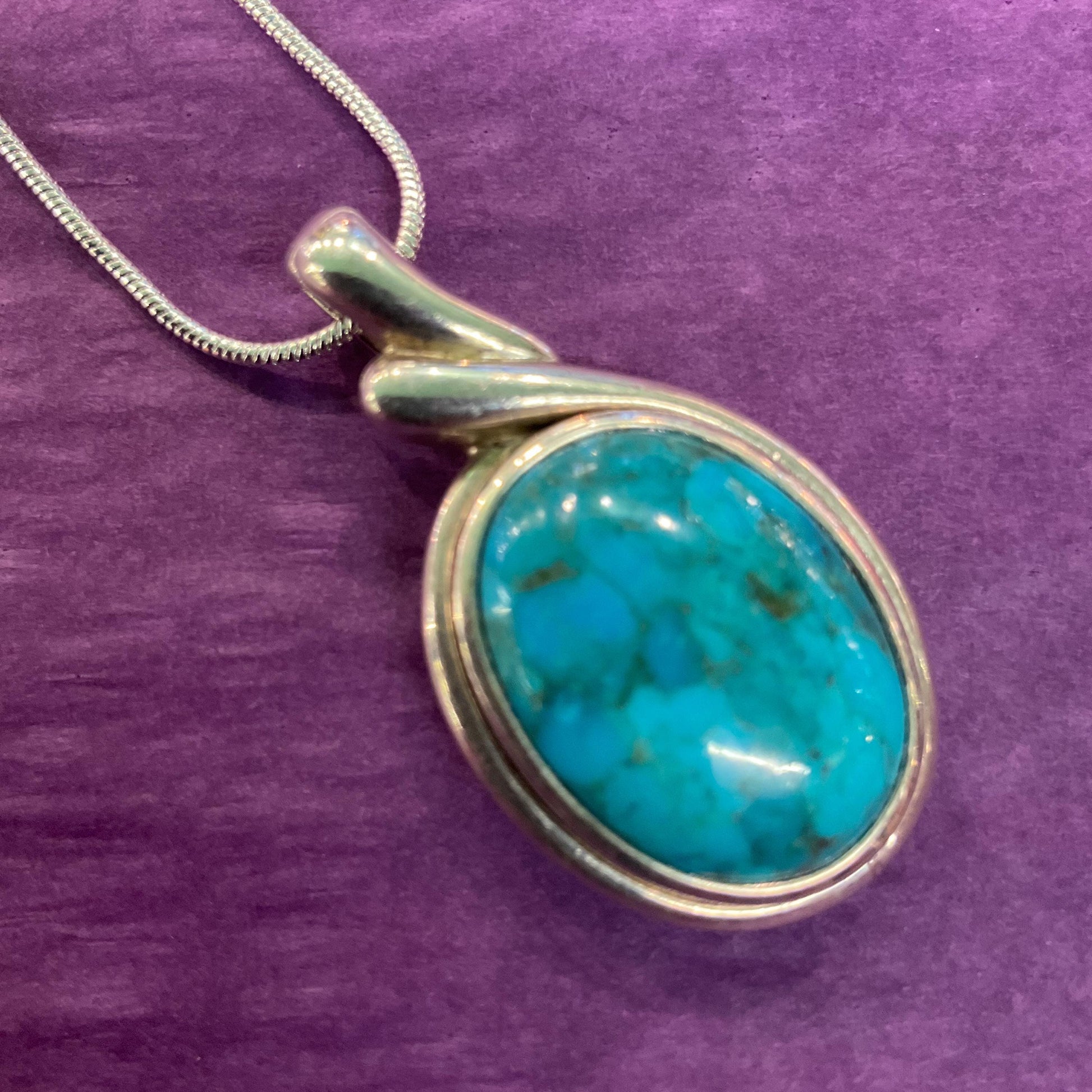 Vintage Silver (925) and Turquoise Large Oval pendant onto new 925 silver snake chain, gift boxed