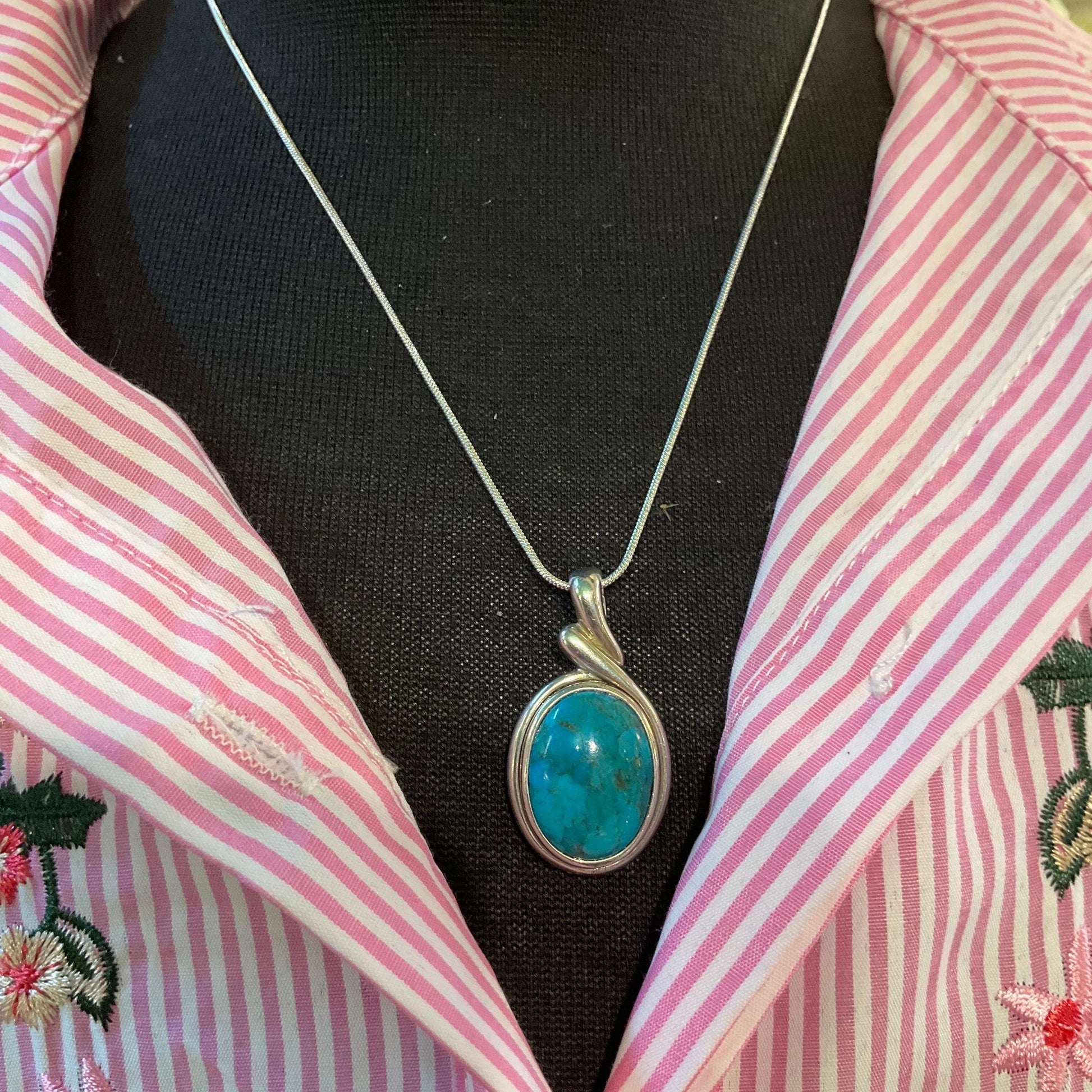 Vintage Silver (925) and Turquoise Large Oval pendant onto new 925 silver snake chain, gift boxed