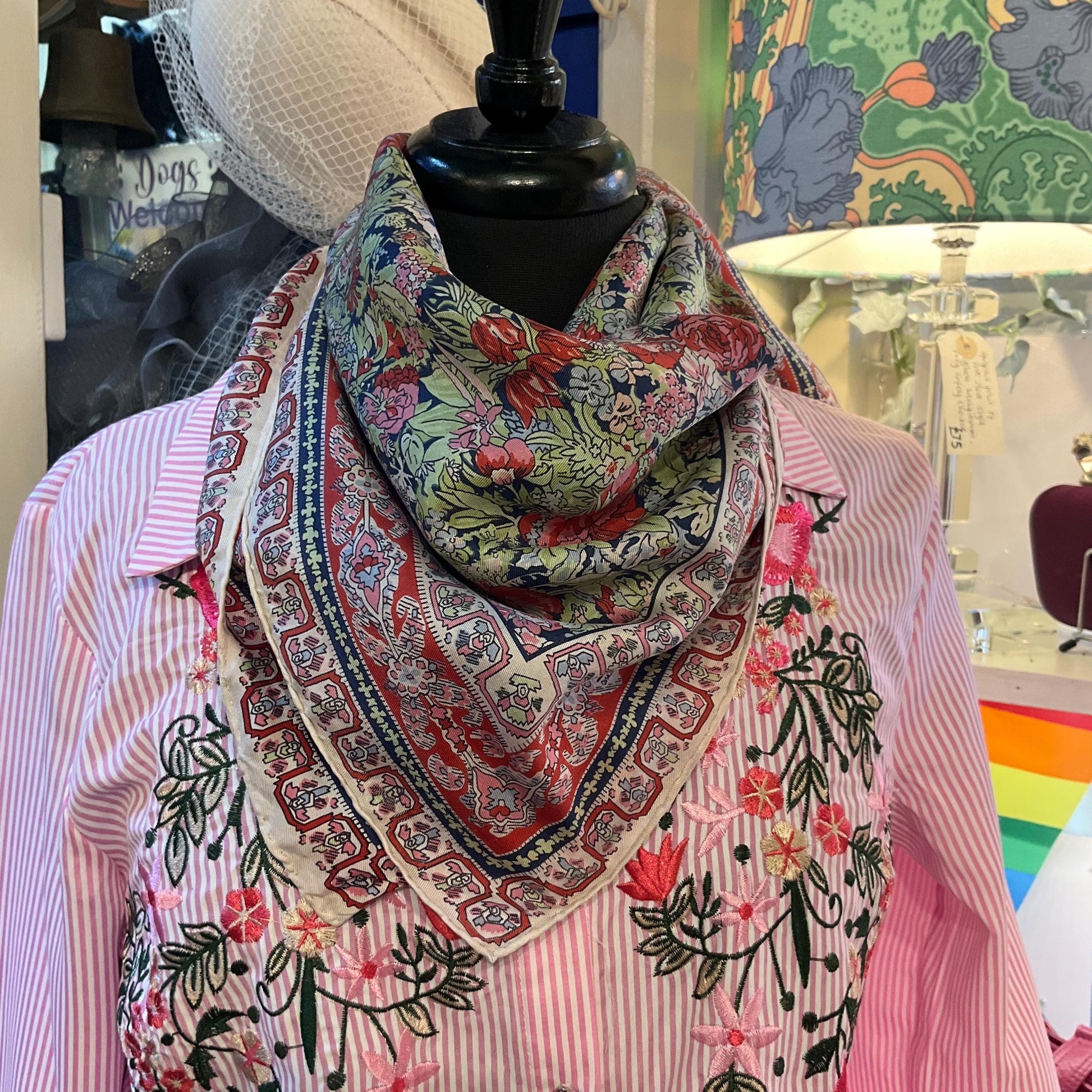 Vintage 1970s/80s Liberty of London Pure Silk Floral scarf, shades of red, green and blue , hand rolled