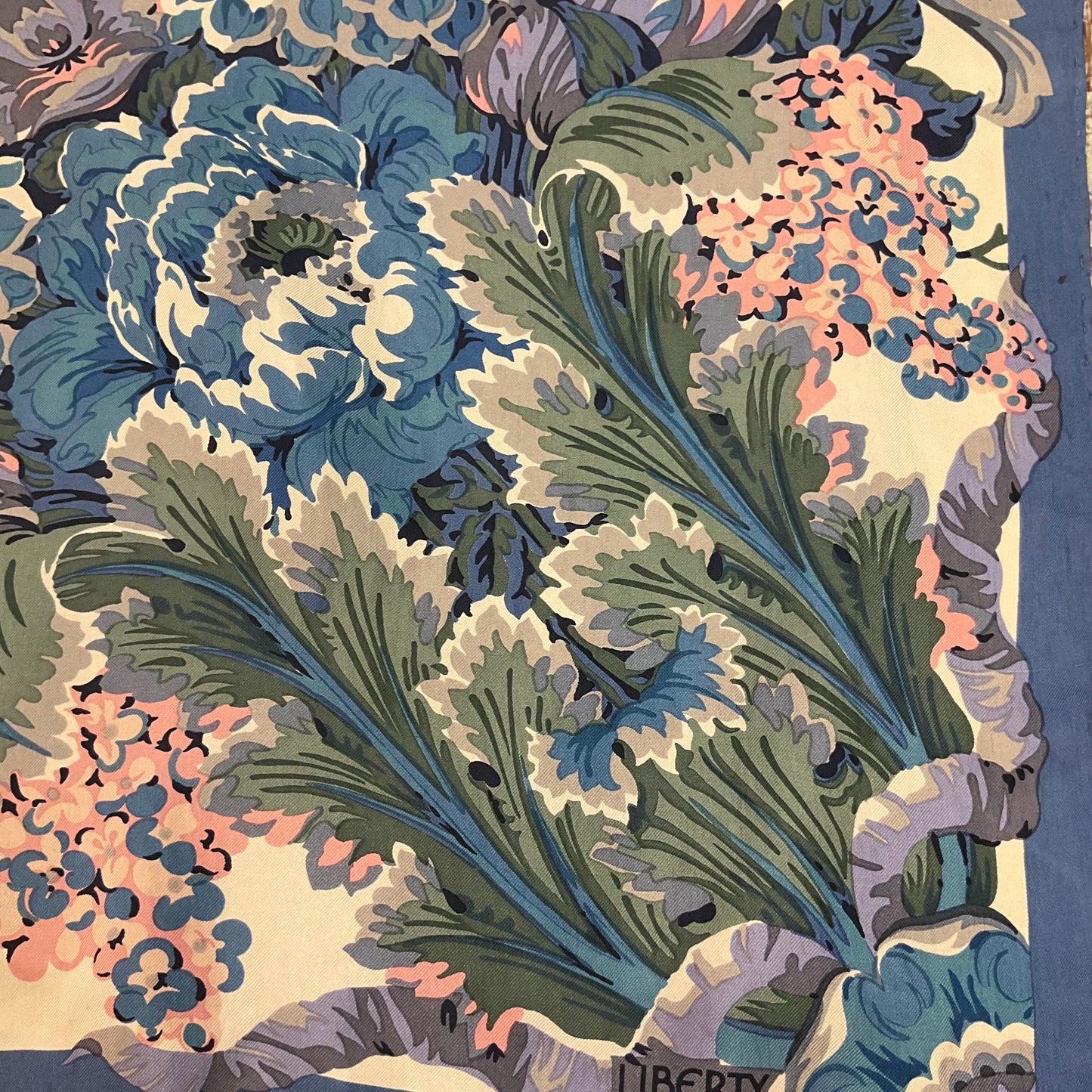 Vintage Liberty of London 1980s large Italian Pure Silk Floral Scarf, oversized floral in shades of blue , pink and green , hand rolled