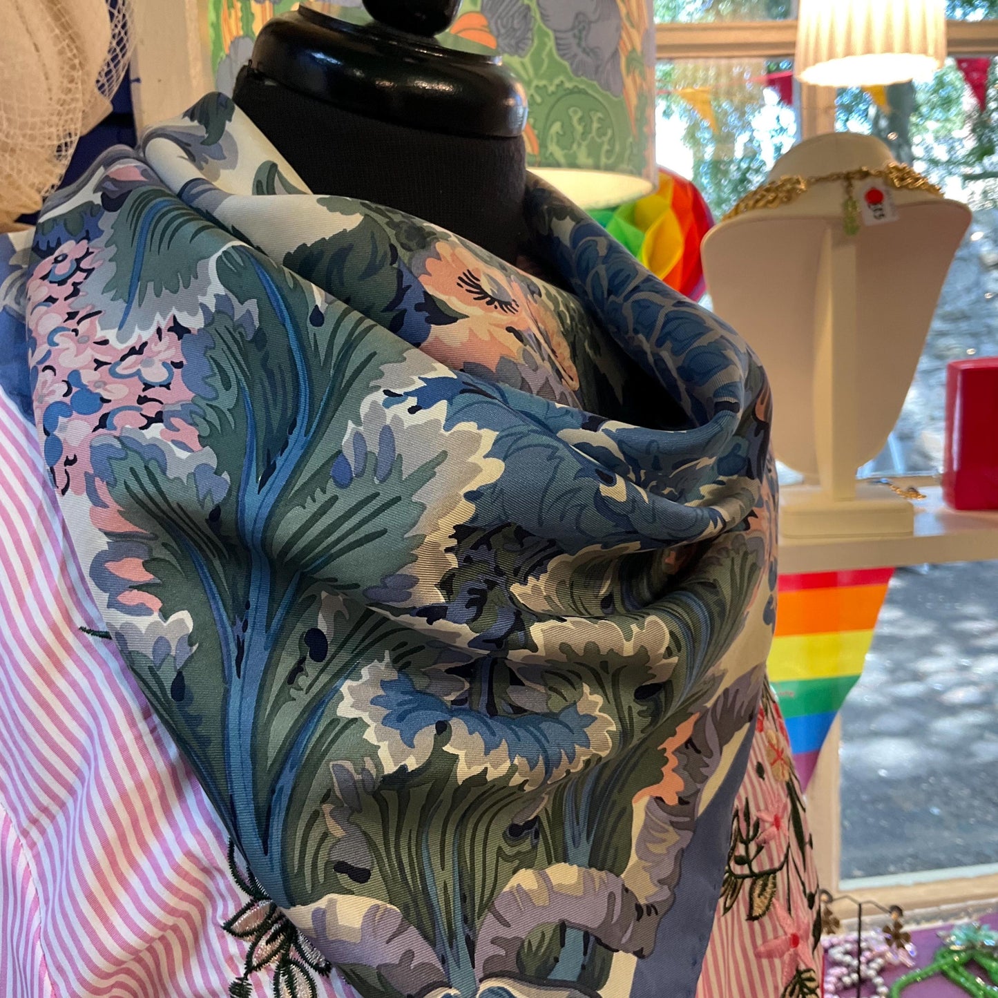 Vintage Liberty of London 1980s large Italian Pure Silk Floral Scarf, oversized floral in shades of blue , pink and green , hand rolled