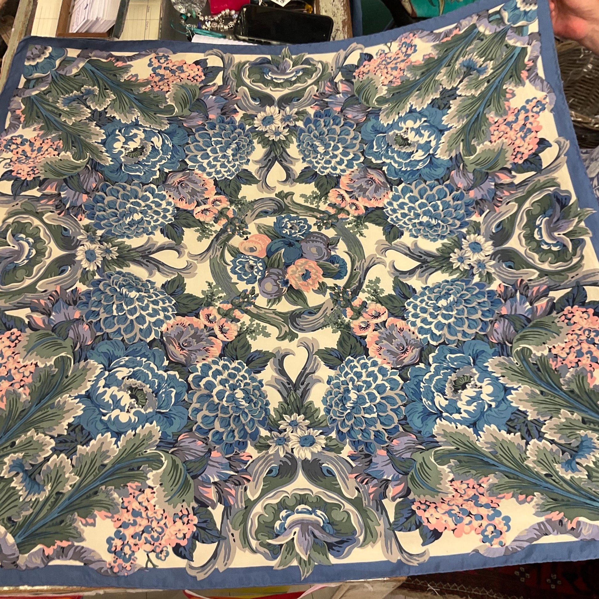 Vintage Liberty of London 1980s large Italian Pure Silk Floral Scarf, oversized floral in shades of blue , pink and green , hand rolled