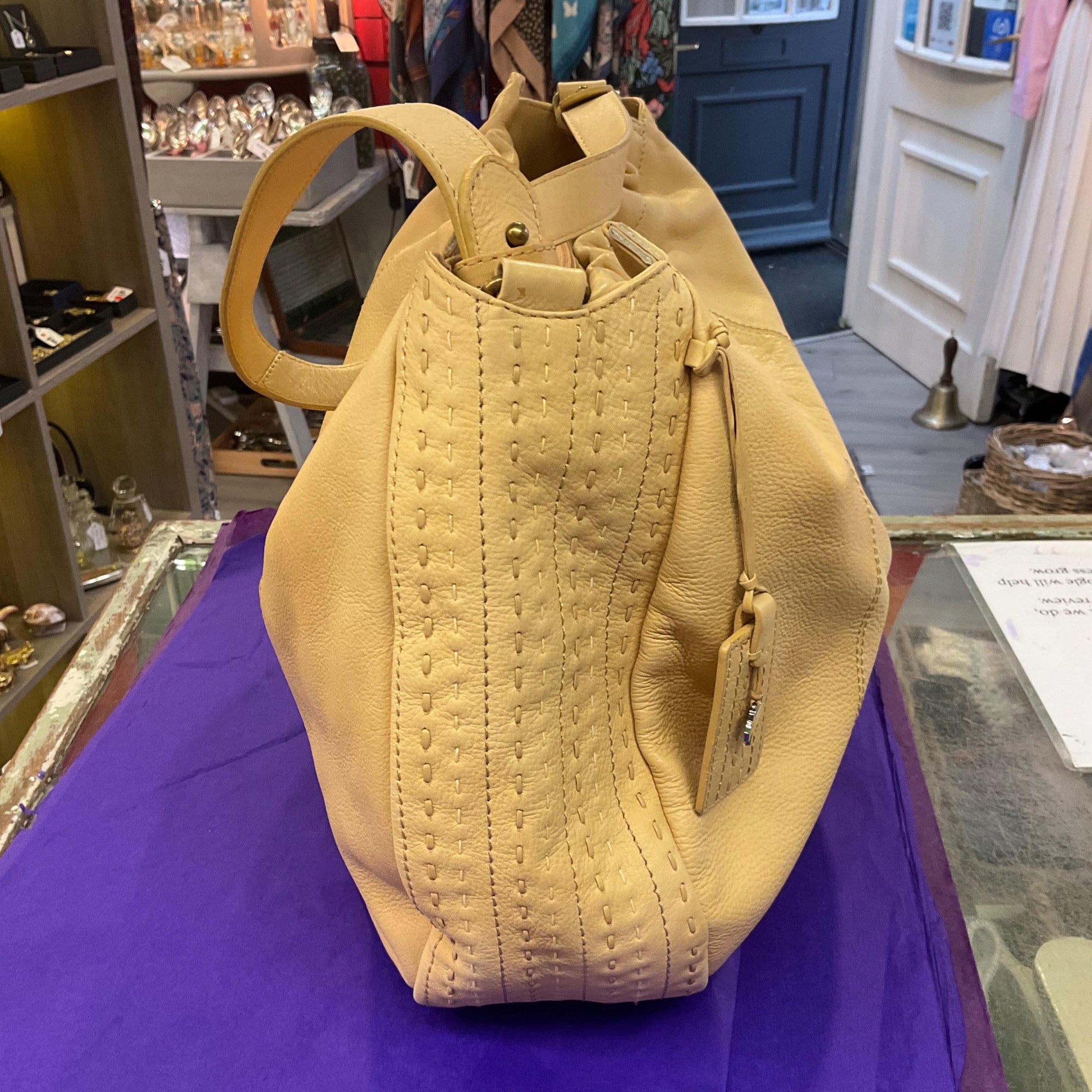 Vintage RADLEY Large Pale Gold Leather Shoulder Bag, pebble textured leather with contrast top stitched details