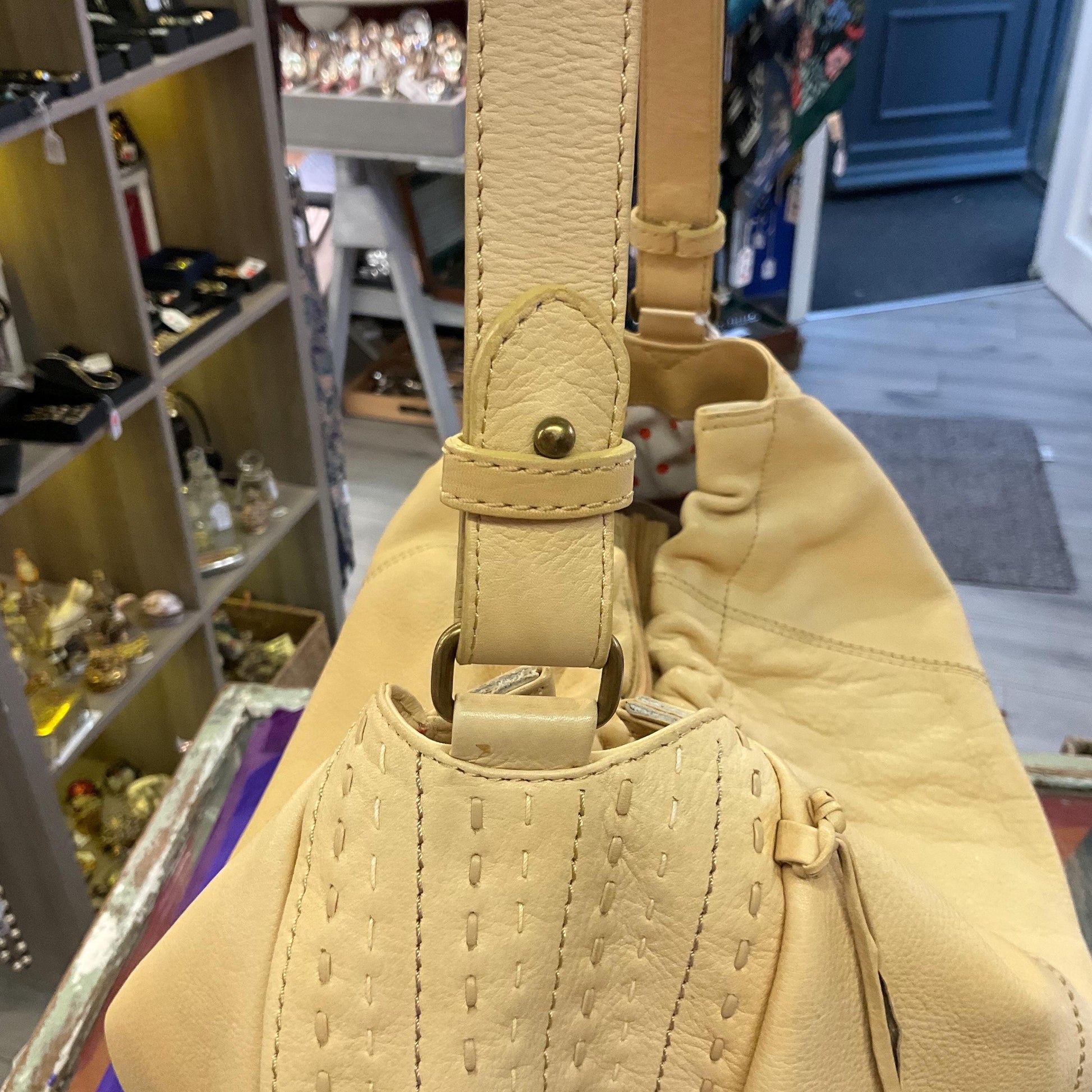 Vintage RADLEY Large Pale Gold Leather Shoulder Bag, pebble textured leather with contrast top stitched details