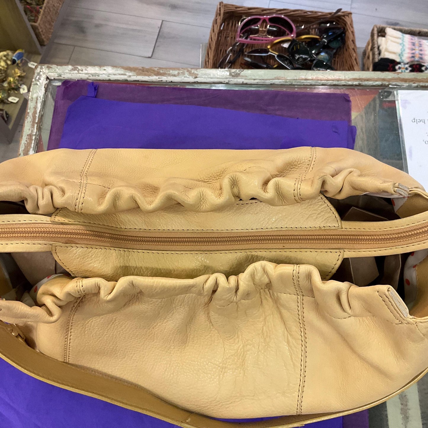 Vintage RADLEY Large Pale Gold Leather Shoulder Bag, pebble textured leather with contrast top stitched details