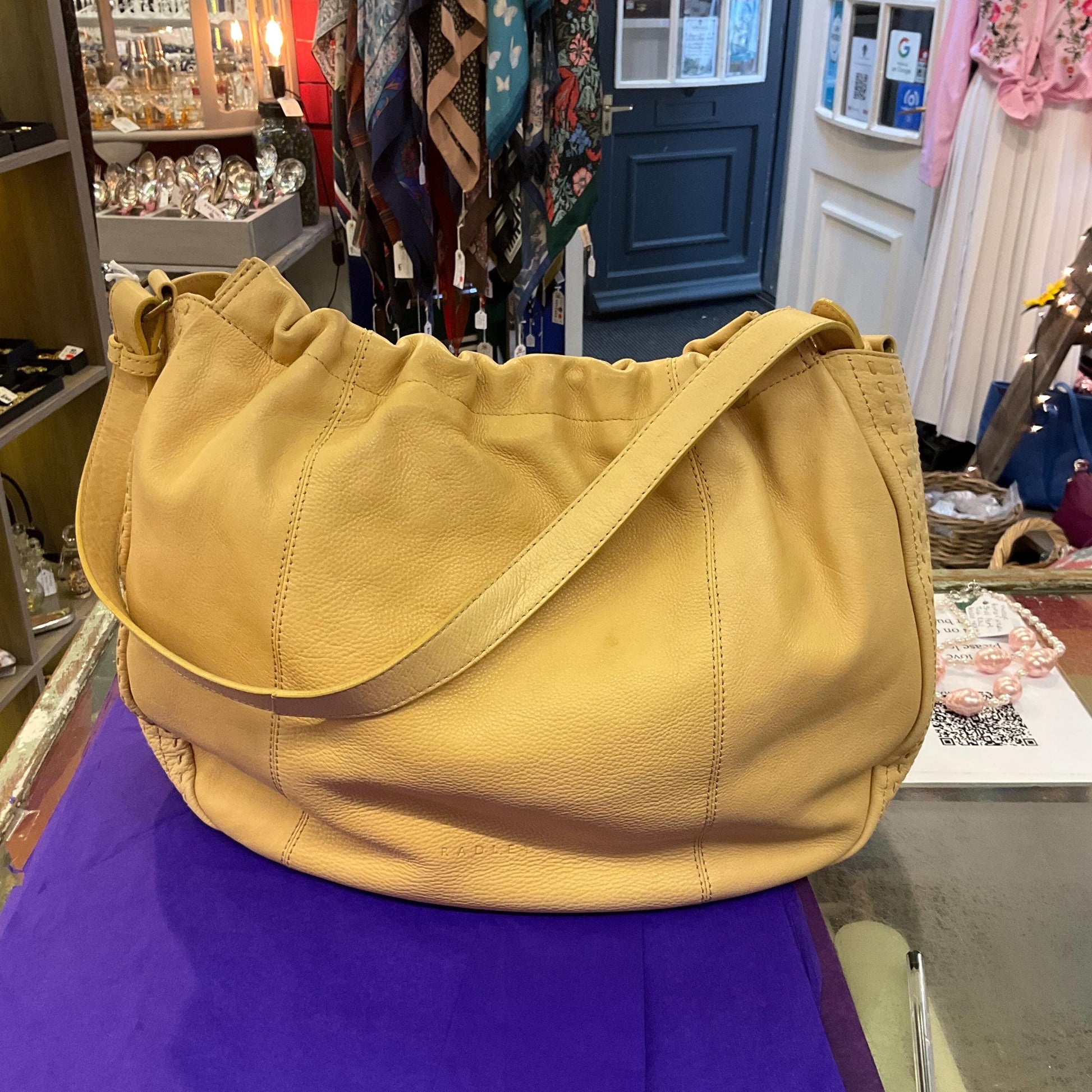 Vintage RADLEY Large Pale Gold Leather Shoulder Bag, pebble textured leather with contrast top stitched details