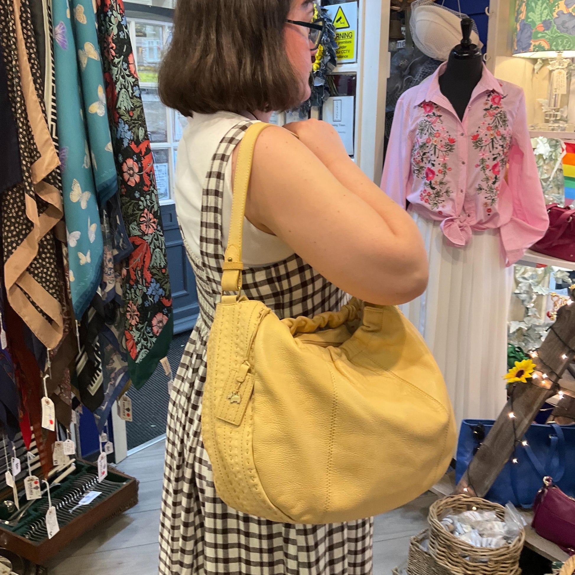 Vintage RADLEY Large Pale Gold Leather Shoulder Bag, pebble textured leather with contrast top stitched details