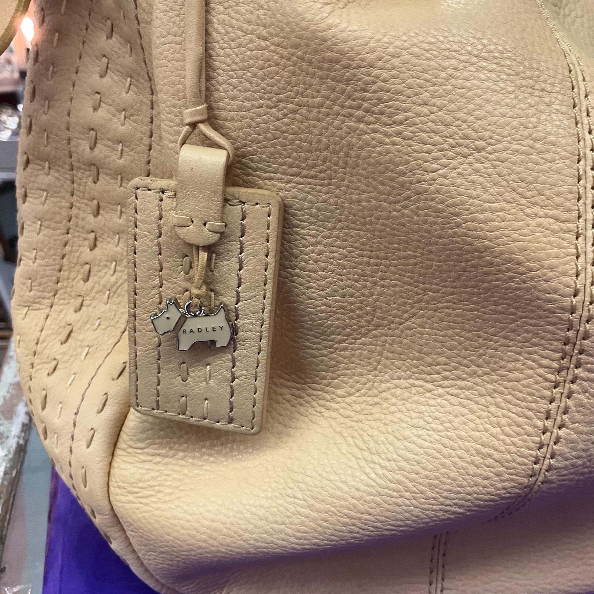 Vintage RADLEY Large Pale Gold Leather Shoulder Bag, pebble textured leather with contrast top stitched details