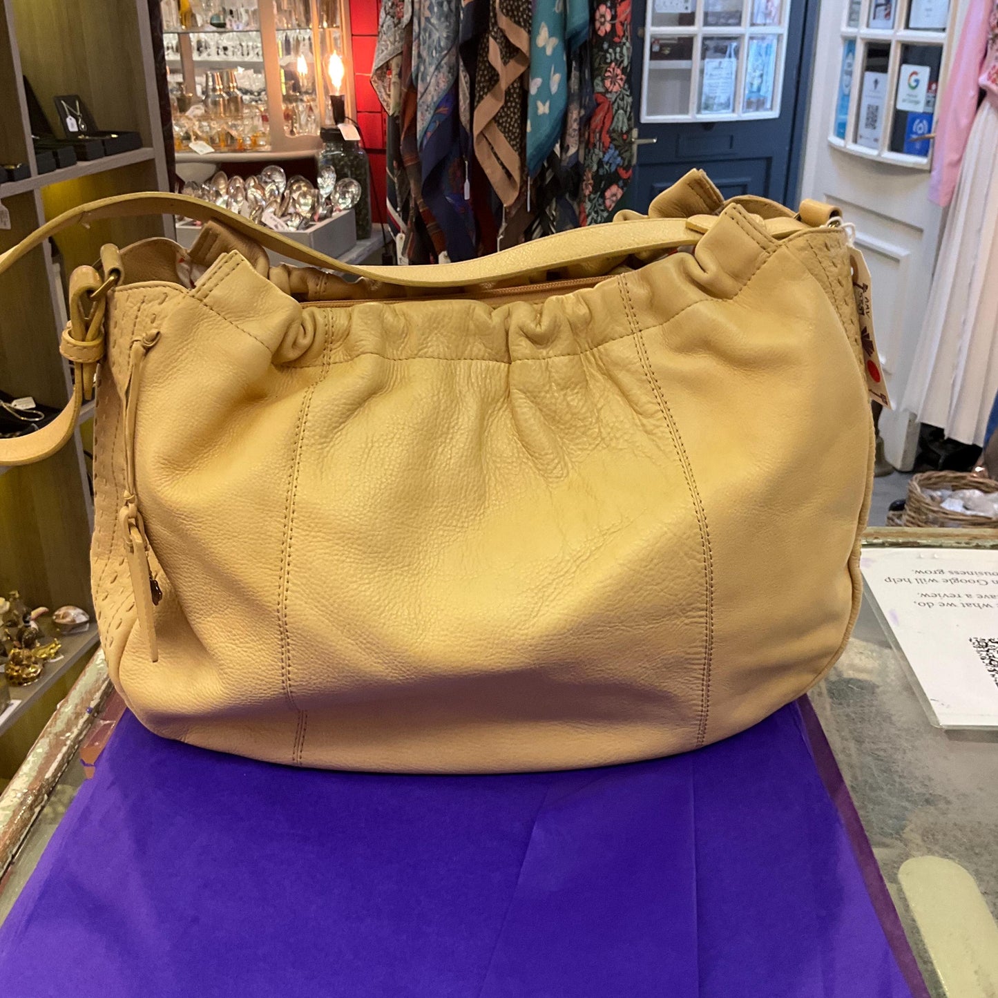 Vintage RADLEY Large Pale Gold Leather Shoulder Bag, pebble textured leather with contrast top stitched details