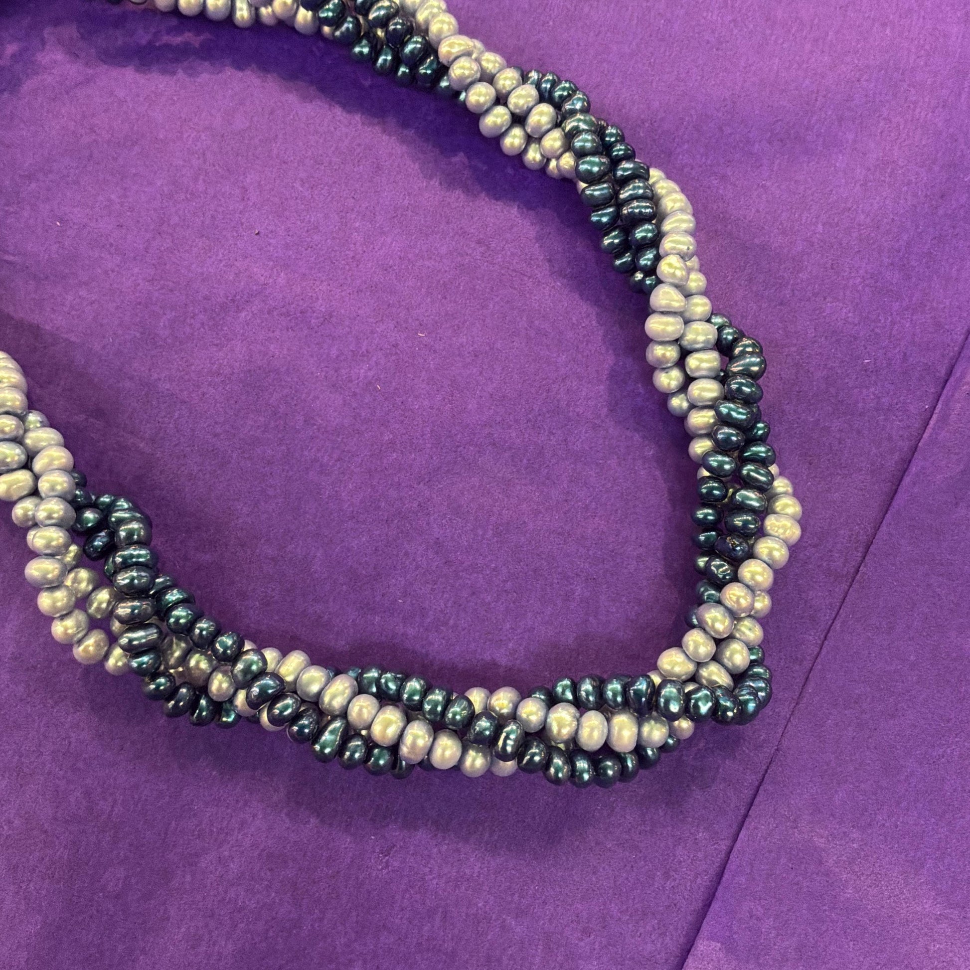 Vintage Fresh Water Pearl Twisted Multistrand Statement Necklace, Irridescent deep and pale blue pearls