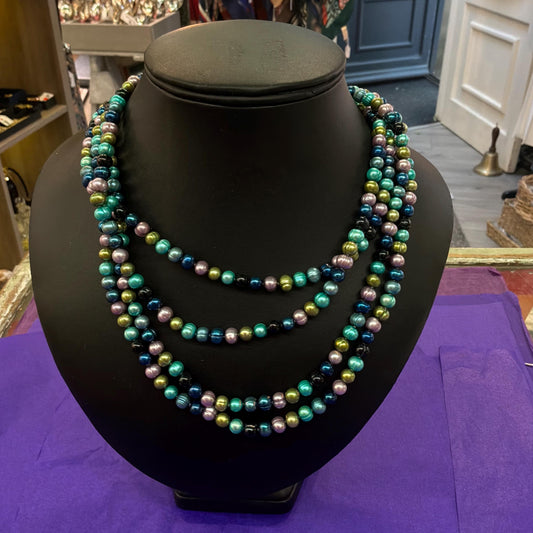 Vintage Flapper length multicolored Fresh Water Pearl Beaded Long Necklace, blue, pink, turquoise, black and green pearls