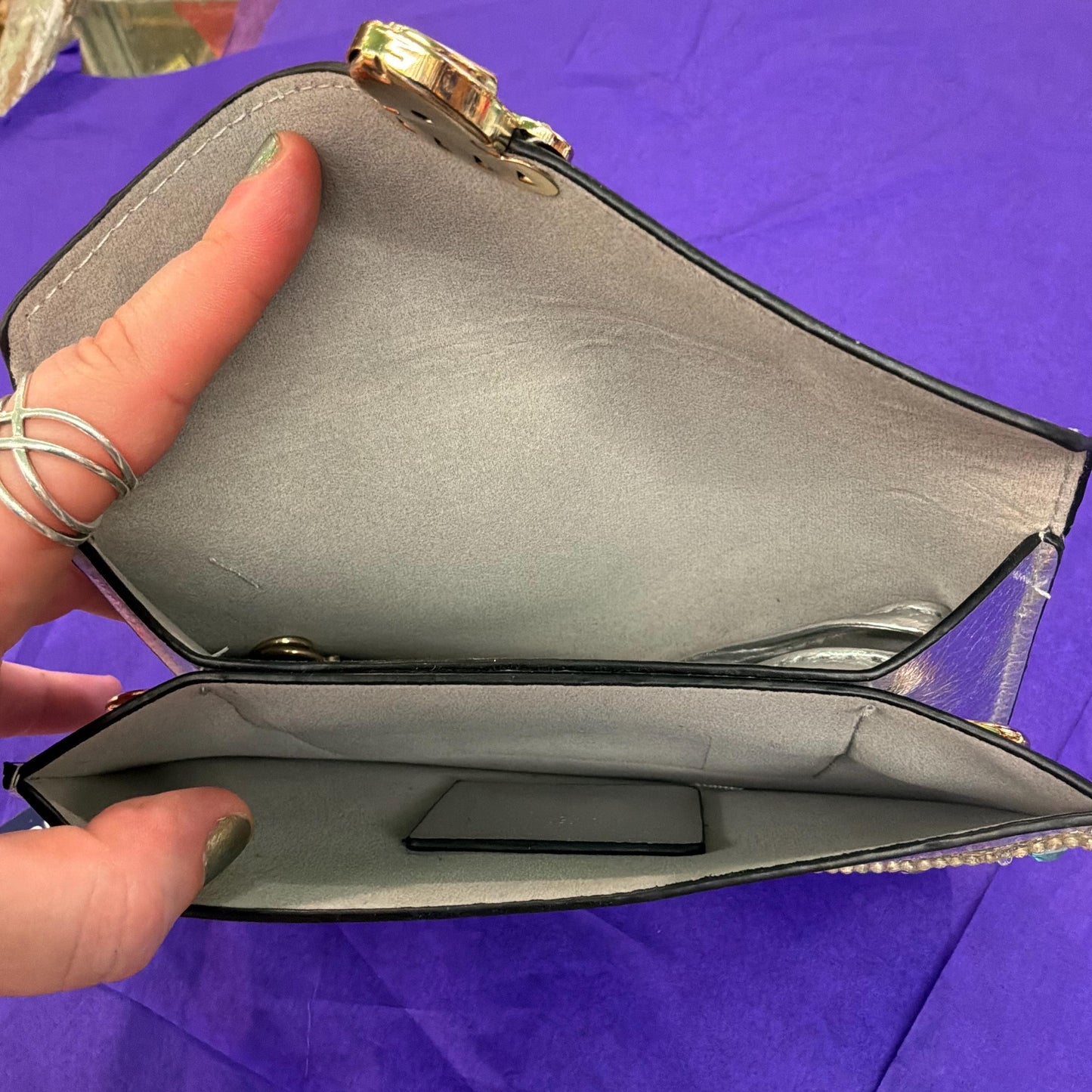 Vintage Crystal Faux Leather Clutch/ Shoulder Bag, silver with multicoloured crystals , unused with original tags