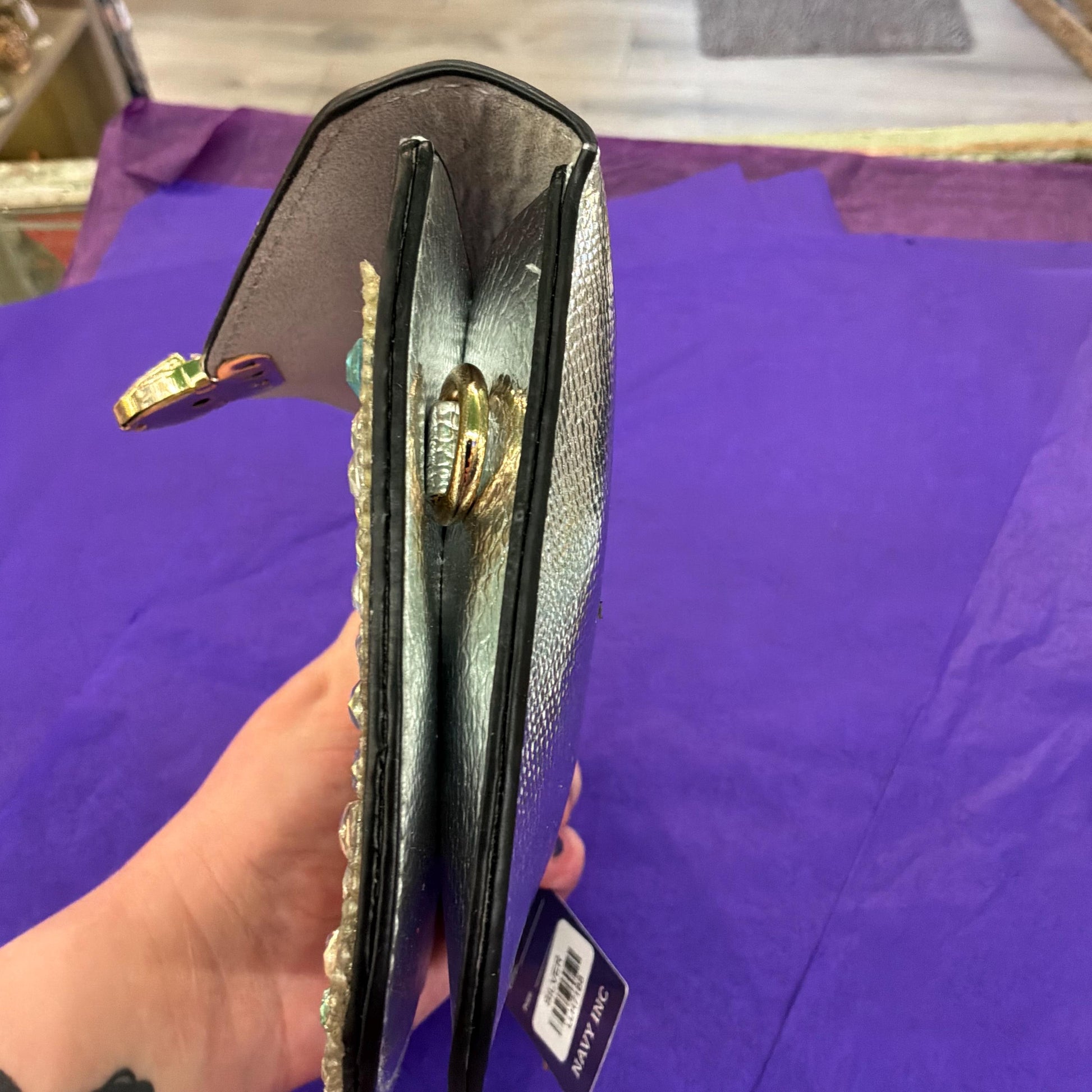 Vintage Crystal Faux Leather Clutch/ Shoulder Bag, silver with multicoloured crystals , unused with original tags