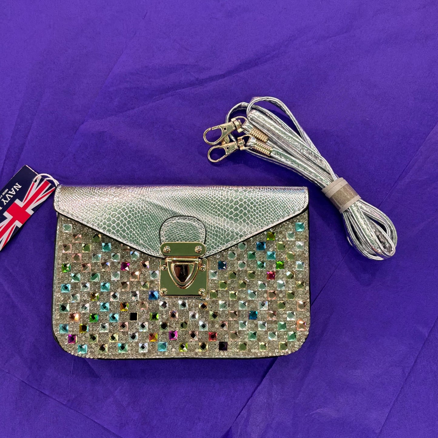 Vintage Crystal Faux Leather Clutch/ Shoulder Bag, silver with multicoloured crystals , unused with original tags
