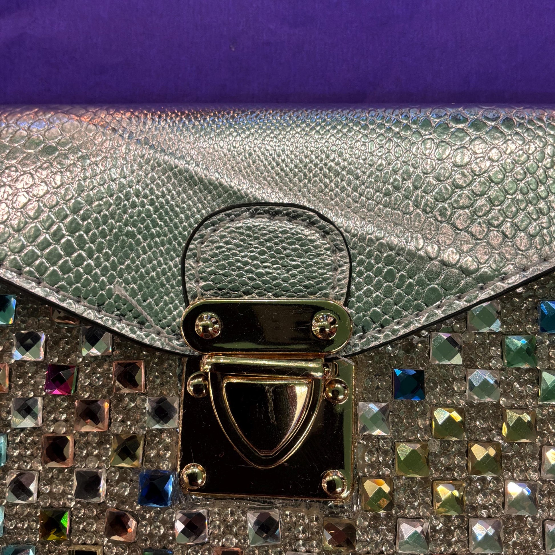 Vintage Crystal Faux Leather Clutch/ Shoulder Bag, silver with multicoloured crystals , unused with original tags