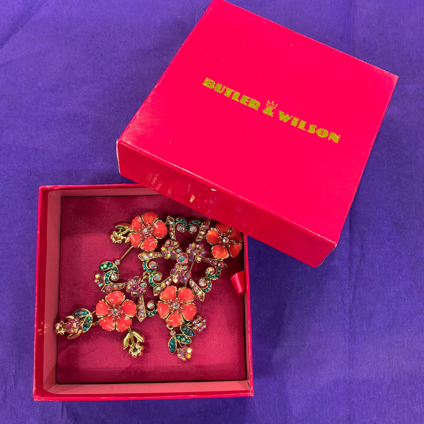 Vintage Butler and Wilson Statement Large Floral Crystal Cascade Brooch, gold tone with Coral Enamel and Borealis Pink and Jade rhinestones